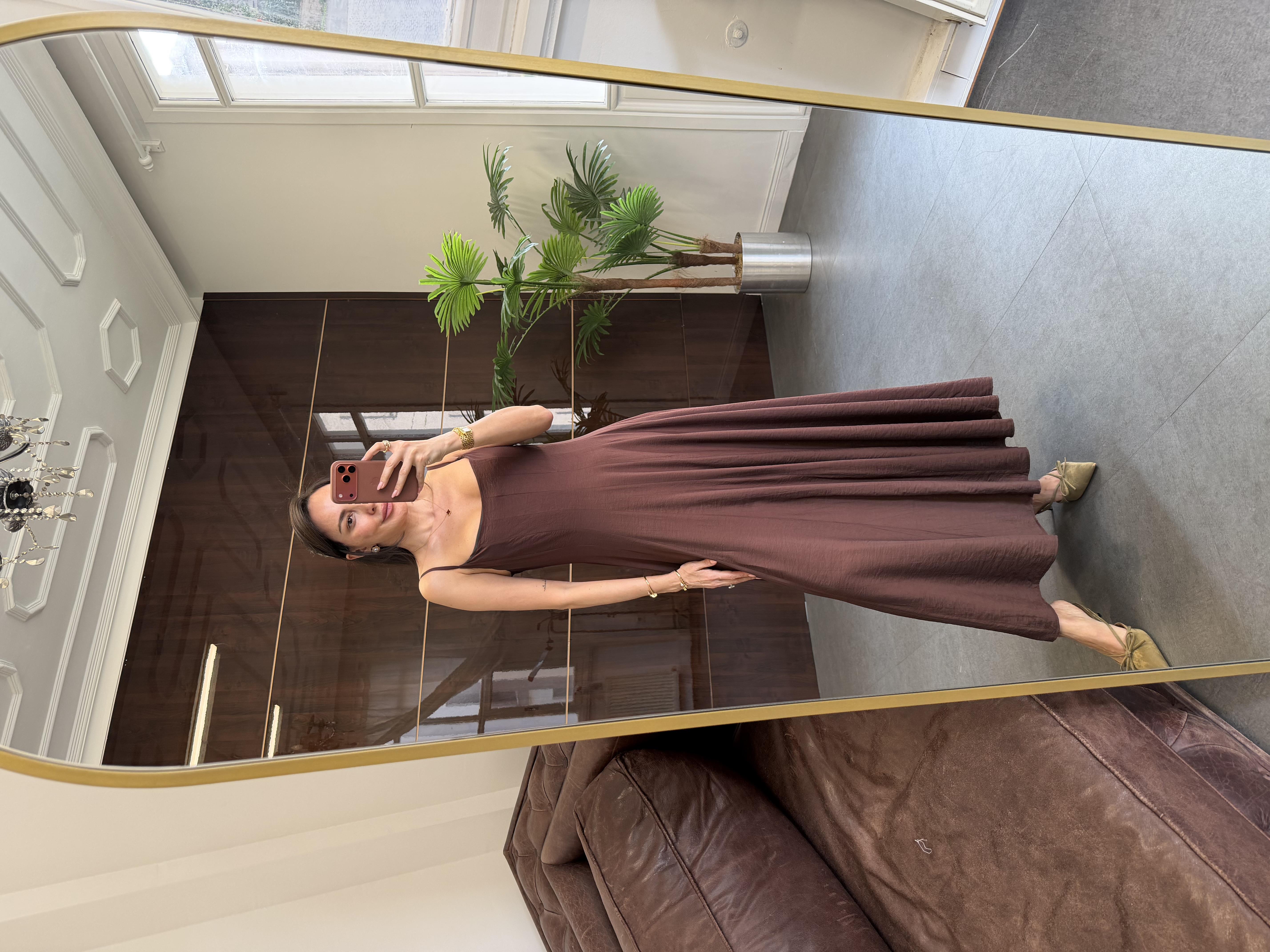 Kahve İp Askılı Etek Ucu Volanlı  Elbise