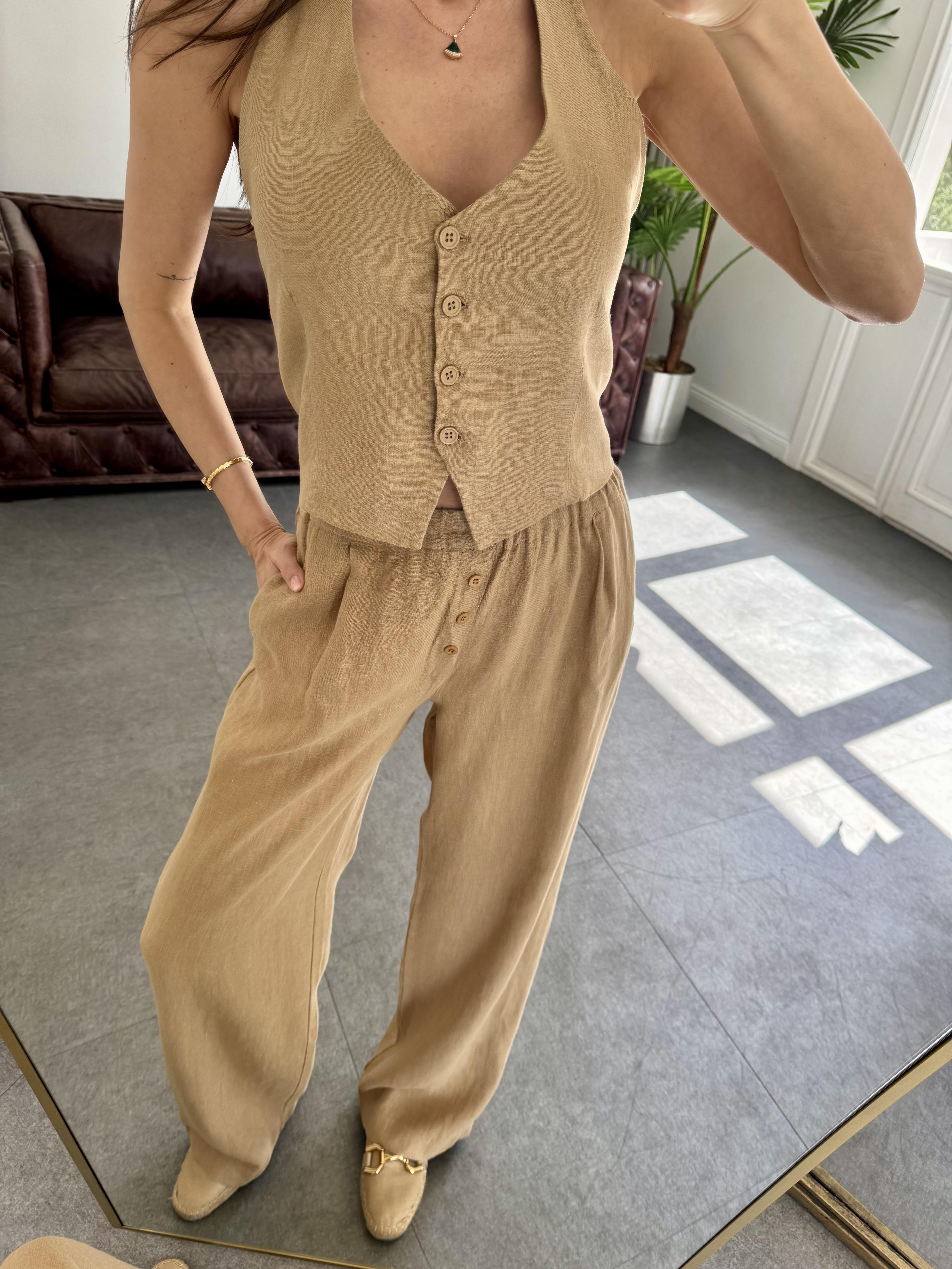 Kahve Keten Boyundan Bağlamalı Yelek