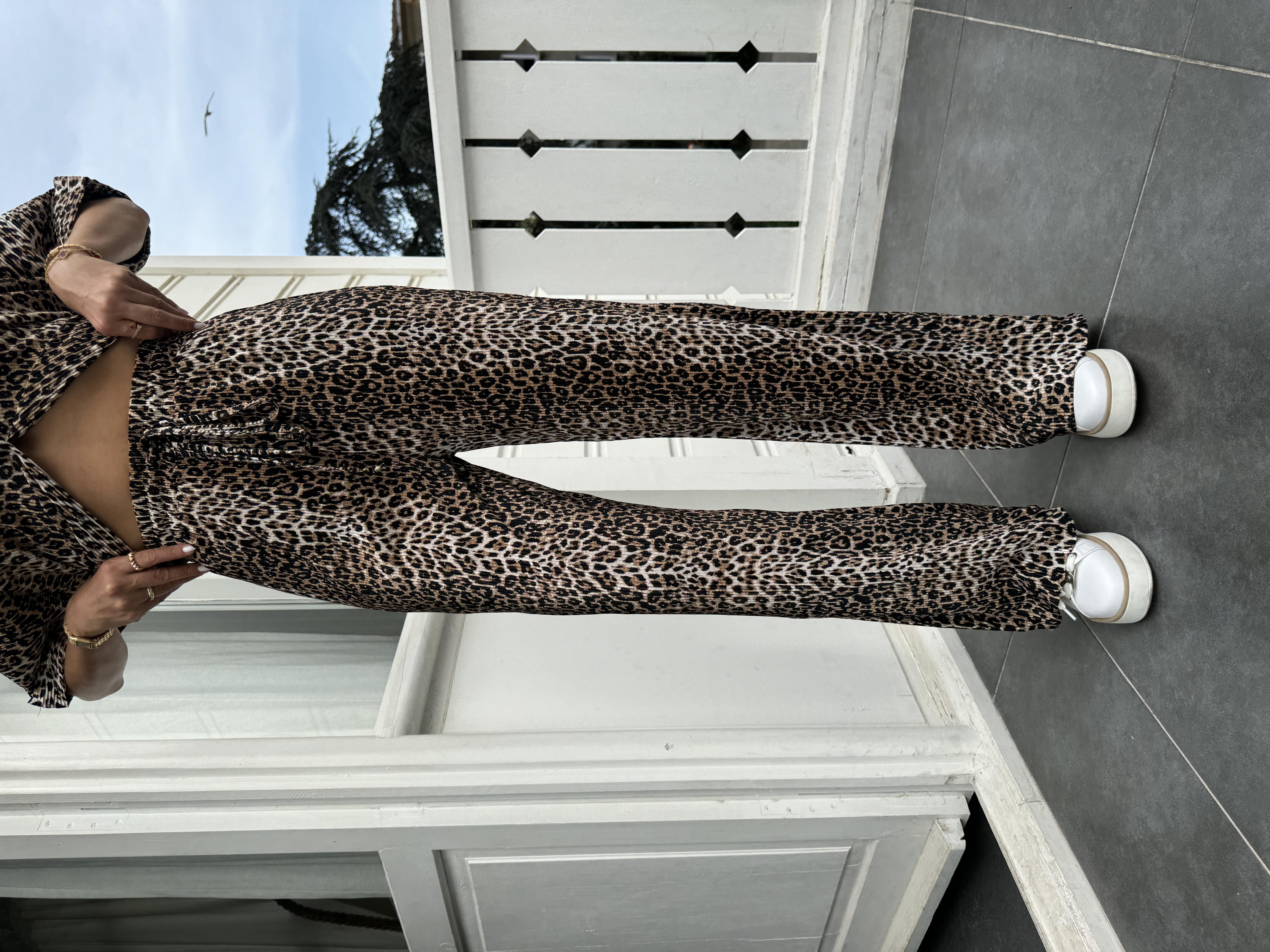 Kahve Kırınkıl Kumaş Leopar Pantolon