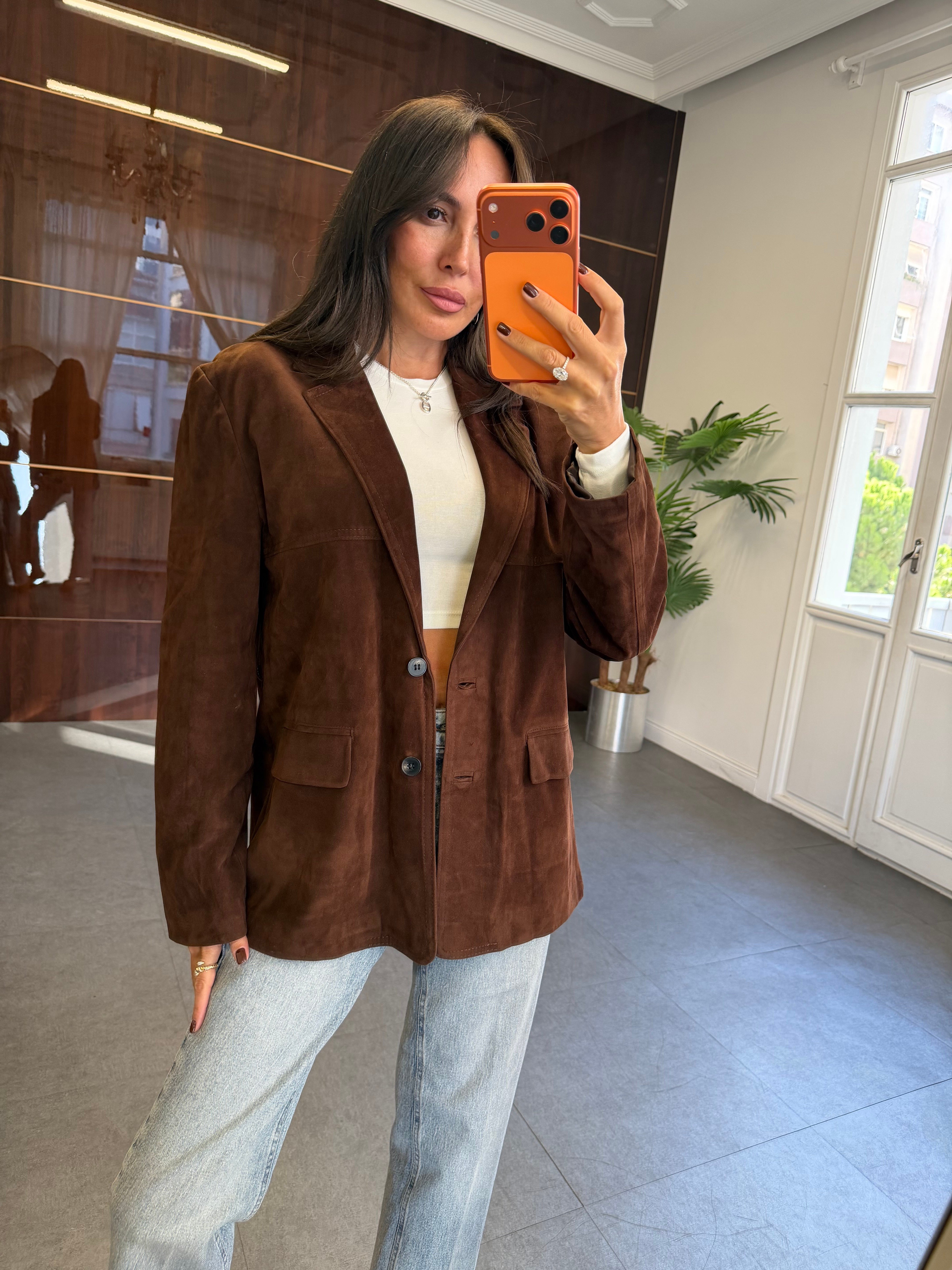 Kahve Kuşaklı Süet Blazer Ceket