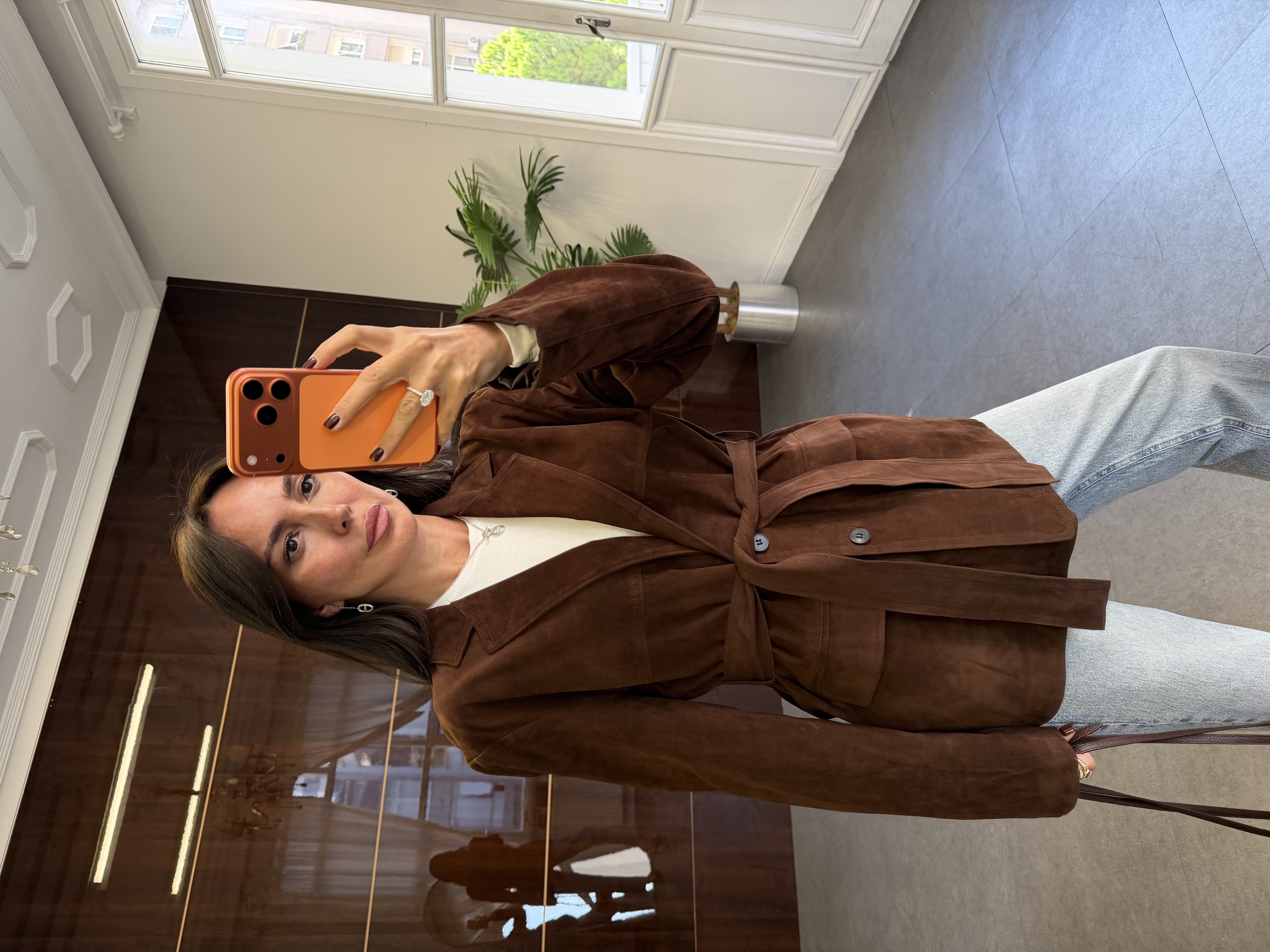 Kahve Kuşaklı Süet Blazer Ceket