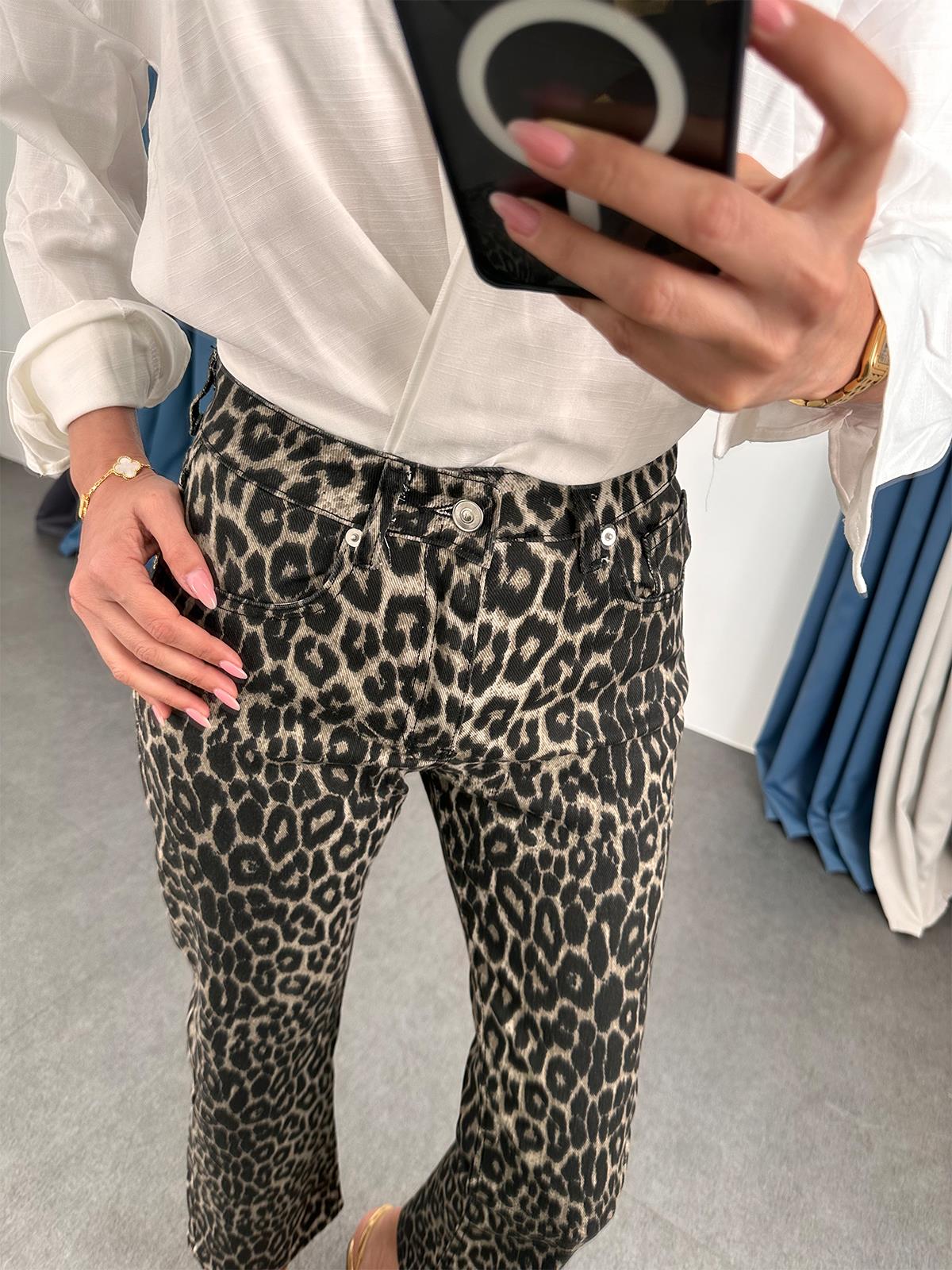 Kahve Leopar Boy Fit Likralı Jean