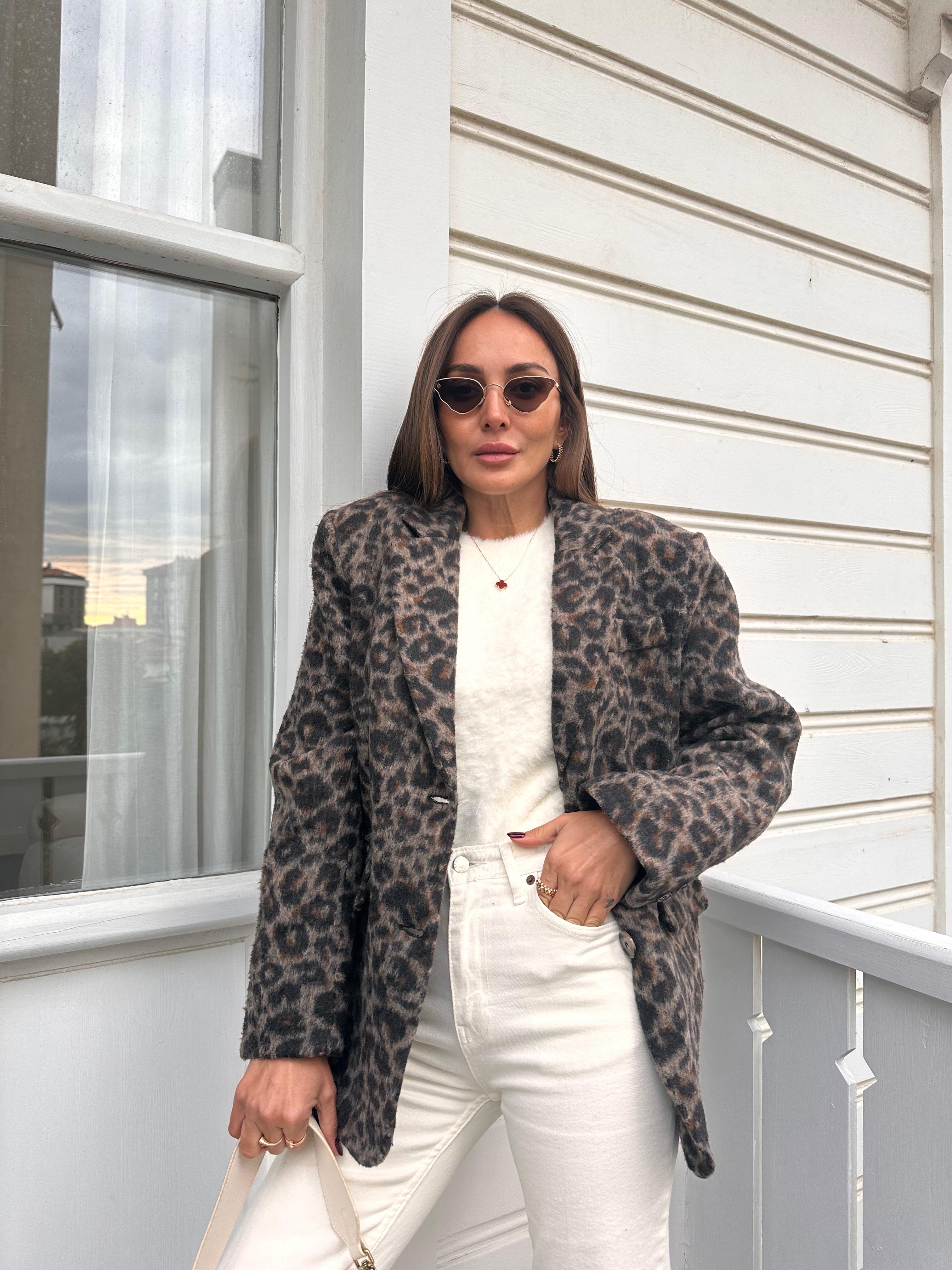 Kahve Leopar Desen Oversize Ceket