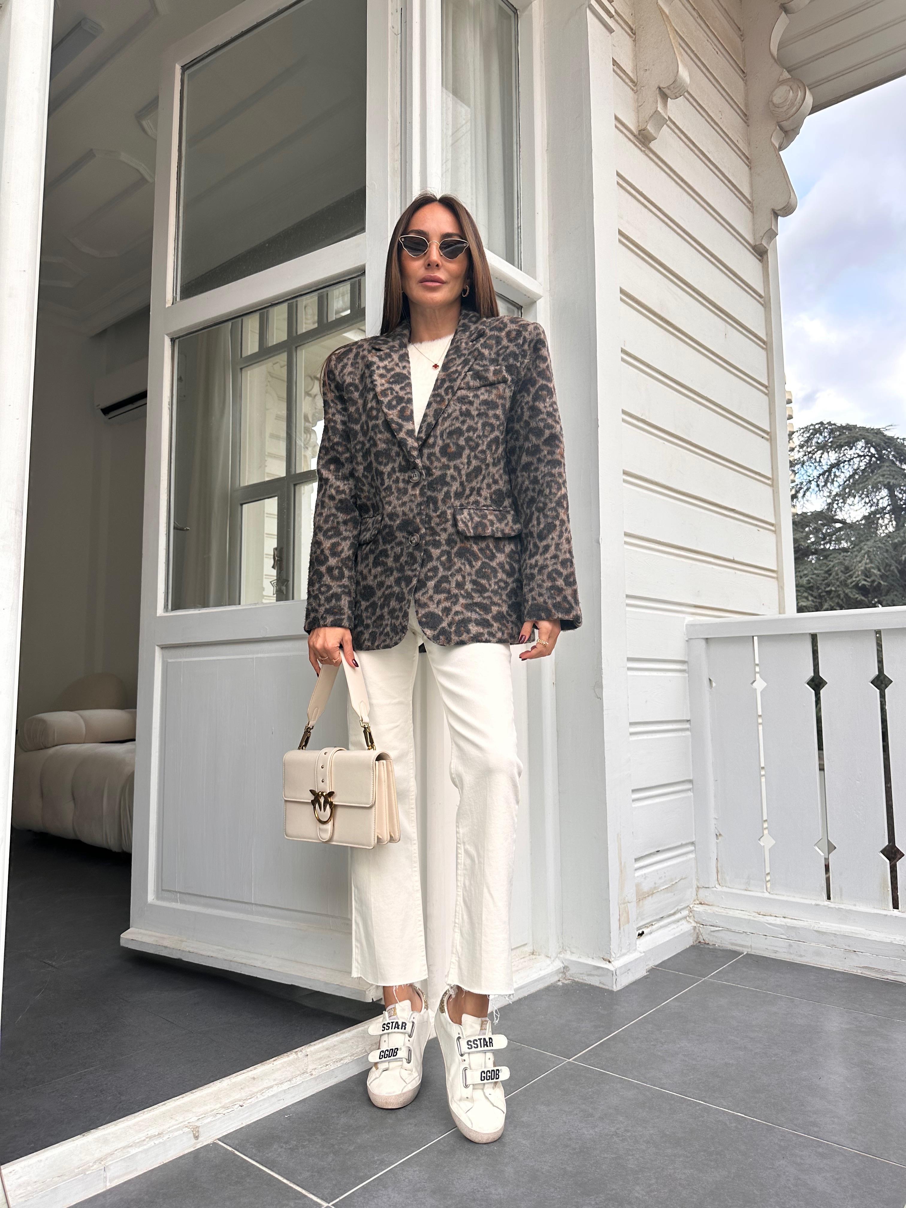 Kahve Leopar Desen Oversize Ceket