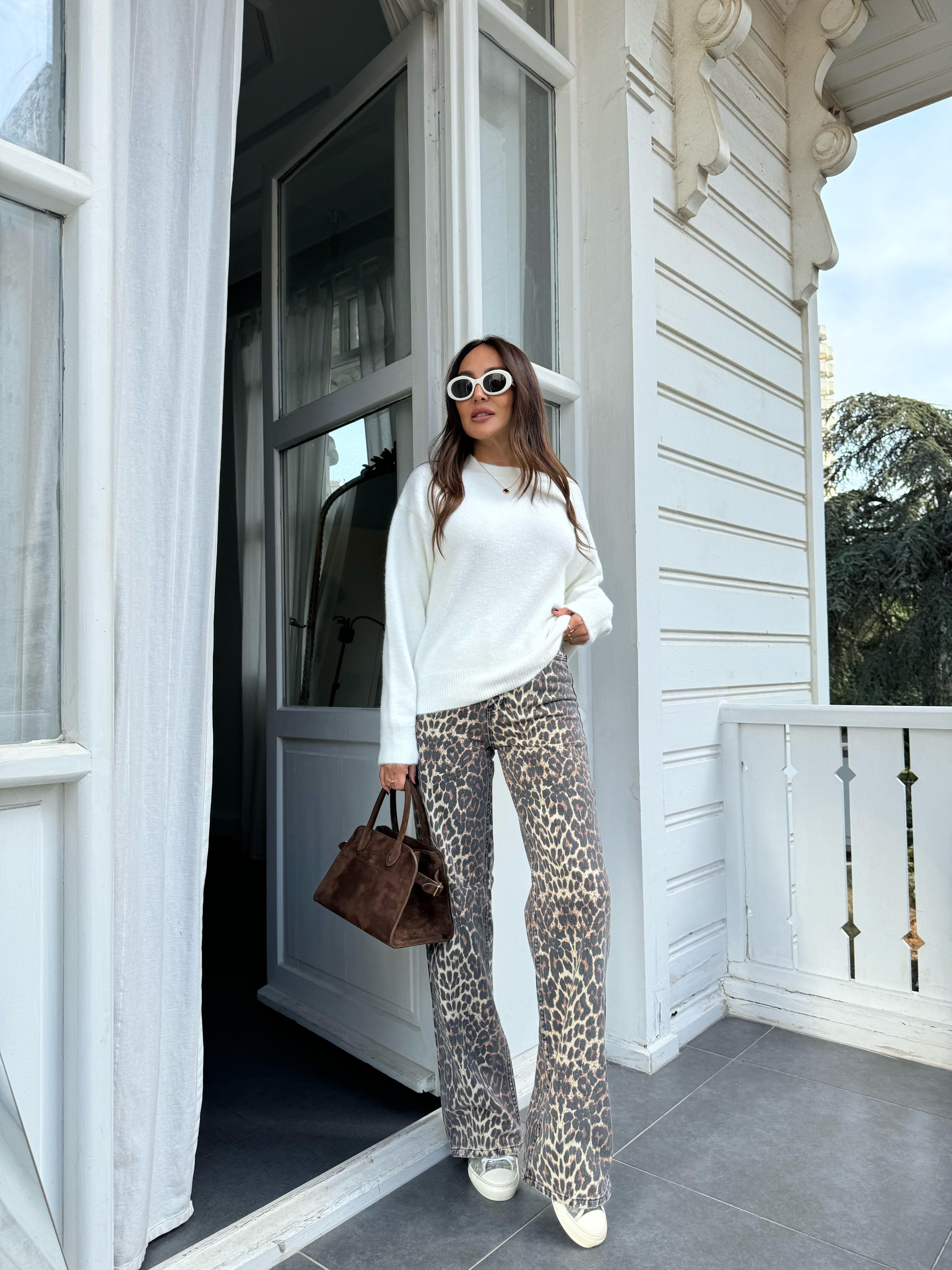 Kahve Leopar Desenli Straight Jean
