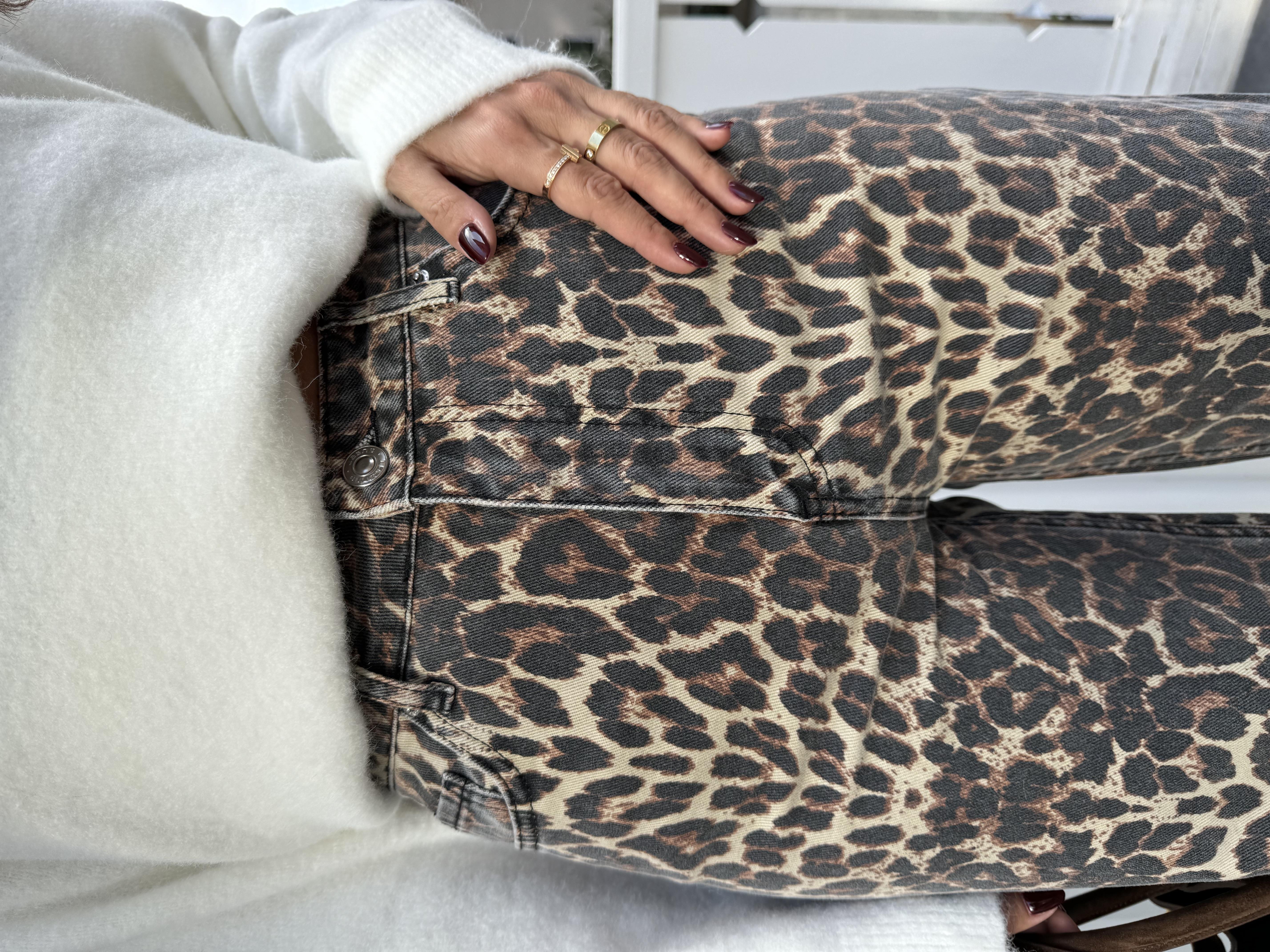 Kahve Leopar Desenli Straight Jean