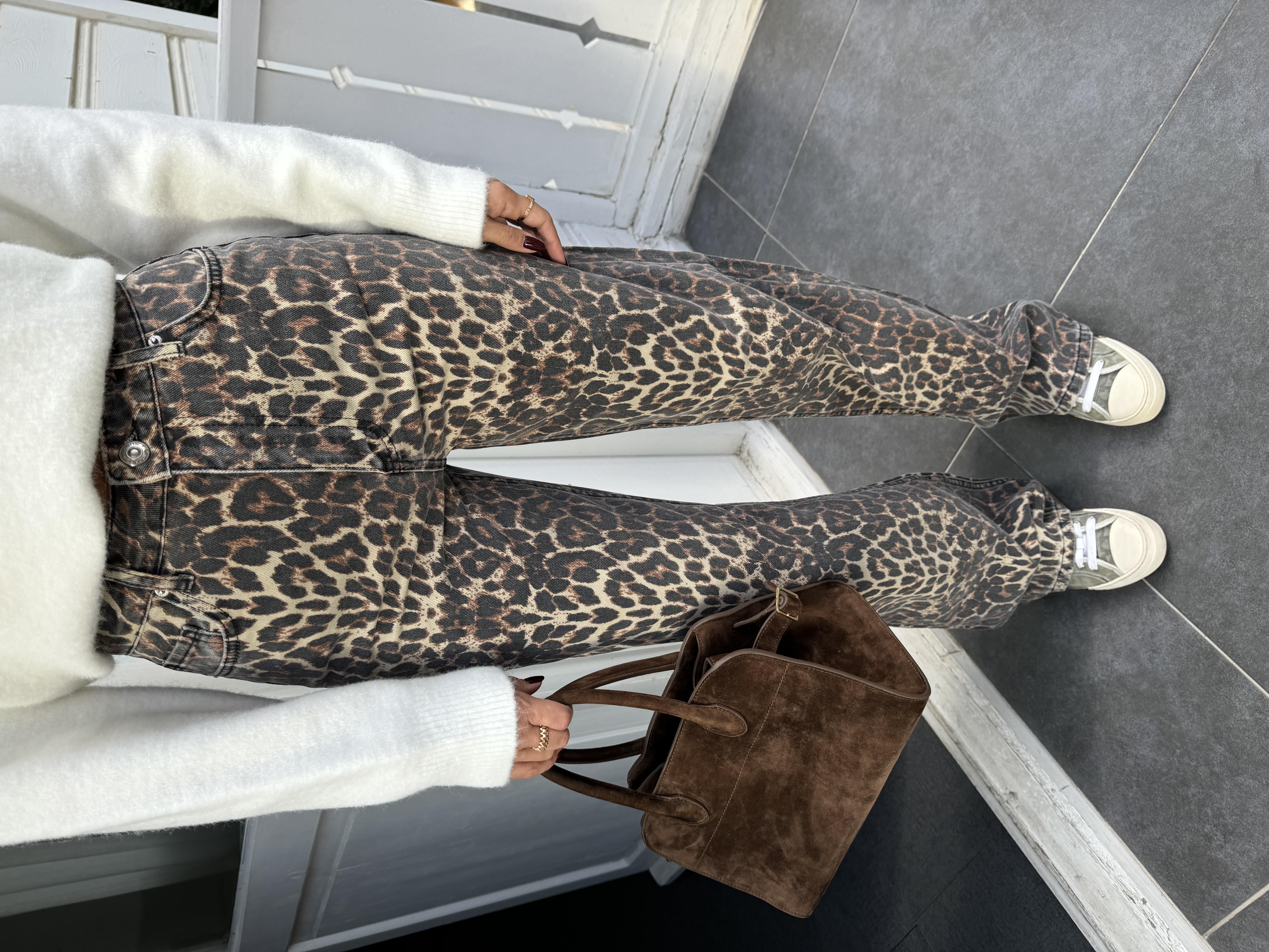Kahve Leopar Desenli Straight Jean