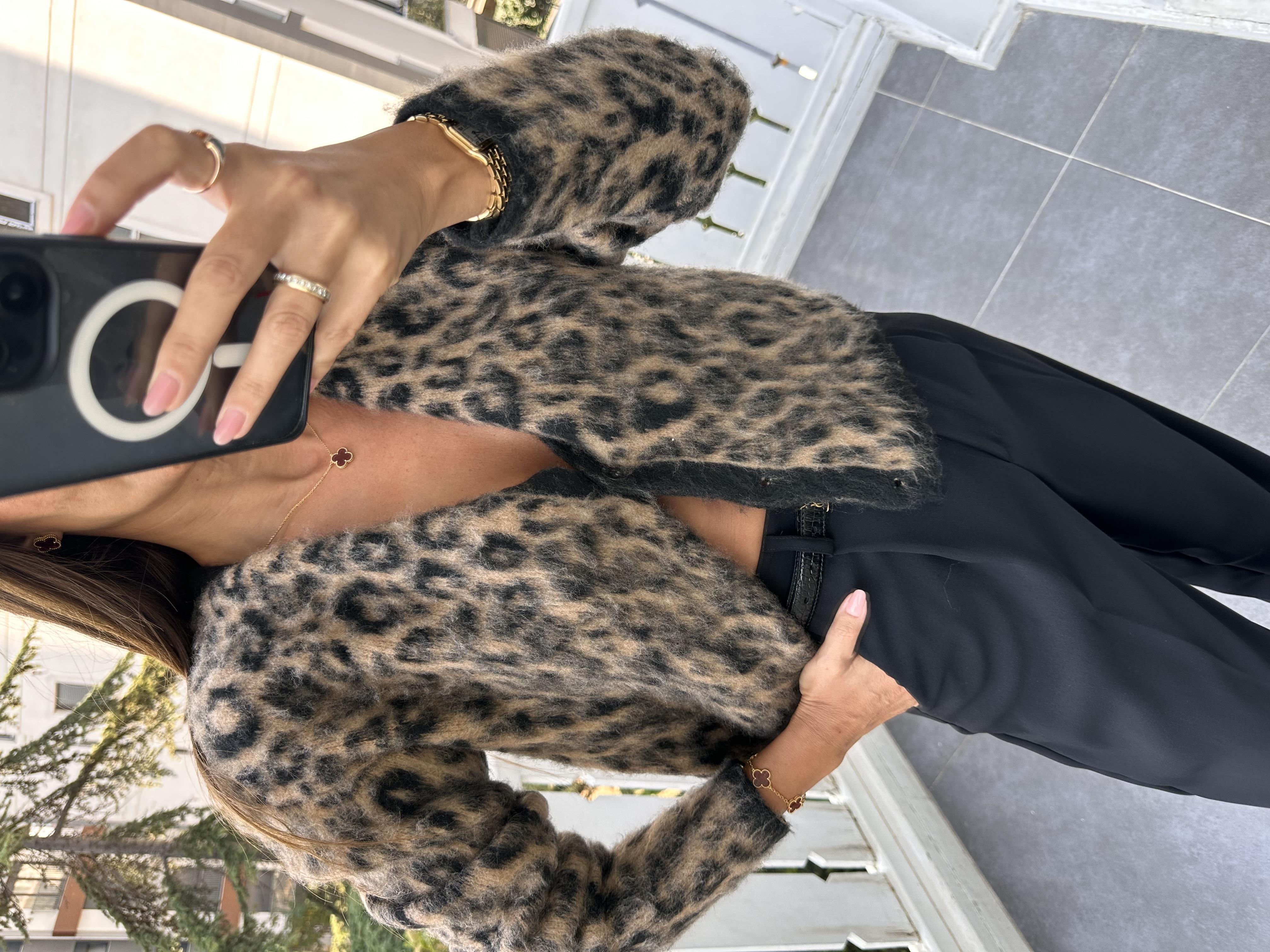 Kahve Leopar Sakallı Triko Hırka