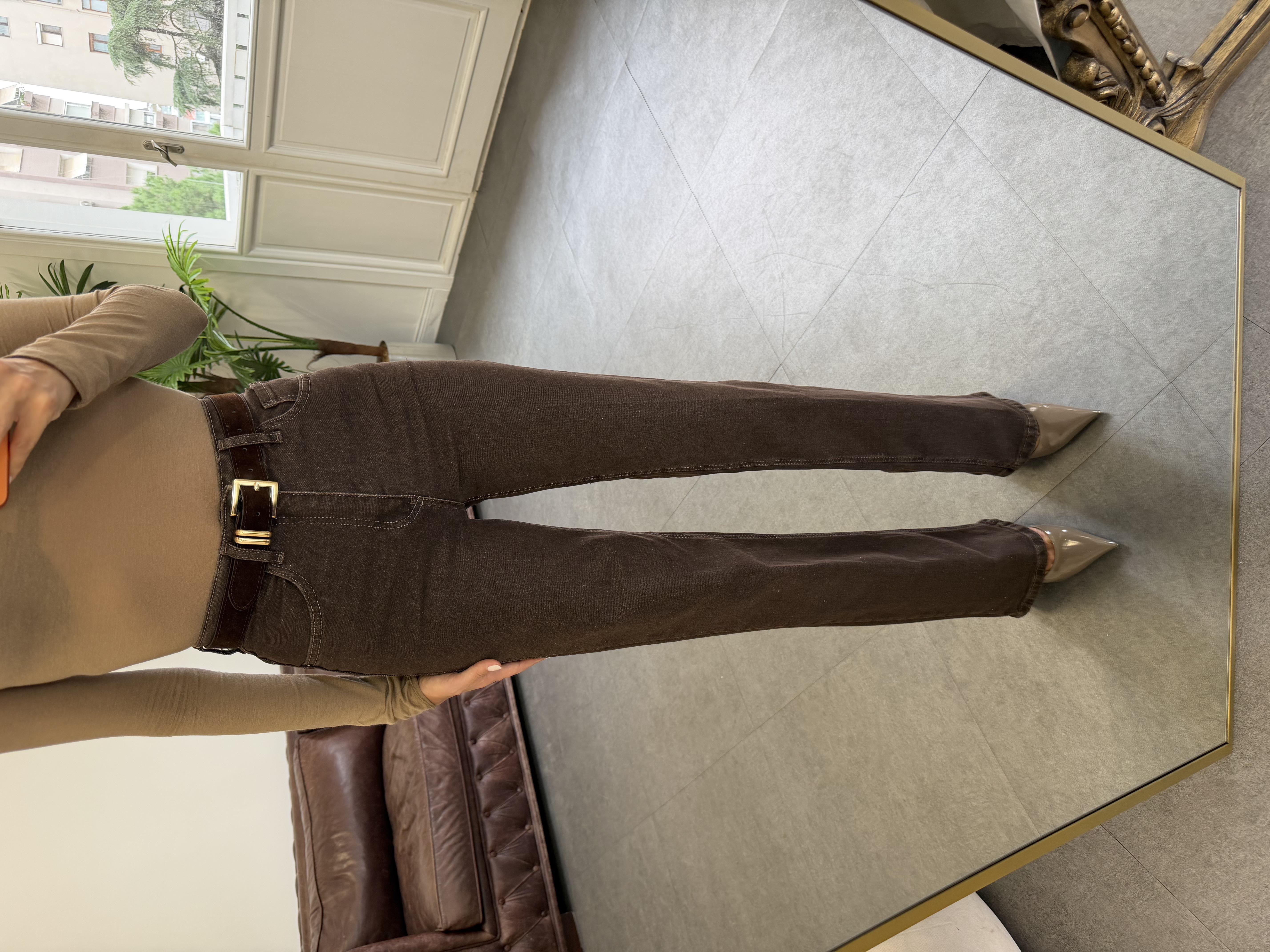 Kahve Wide-Leg Süet Kemerli Pantolon
