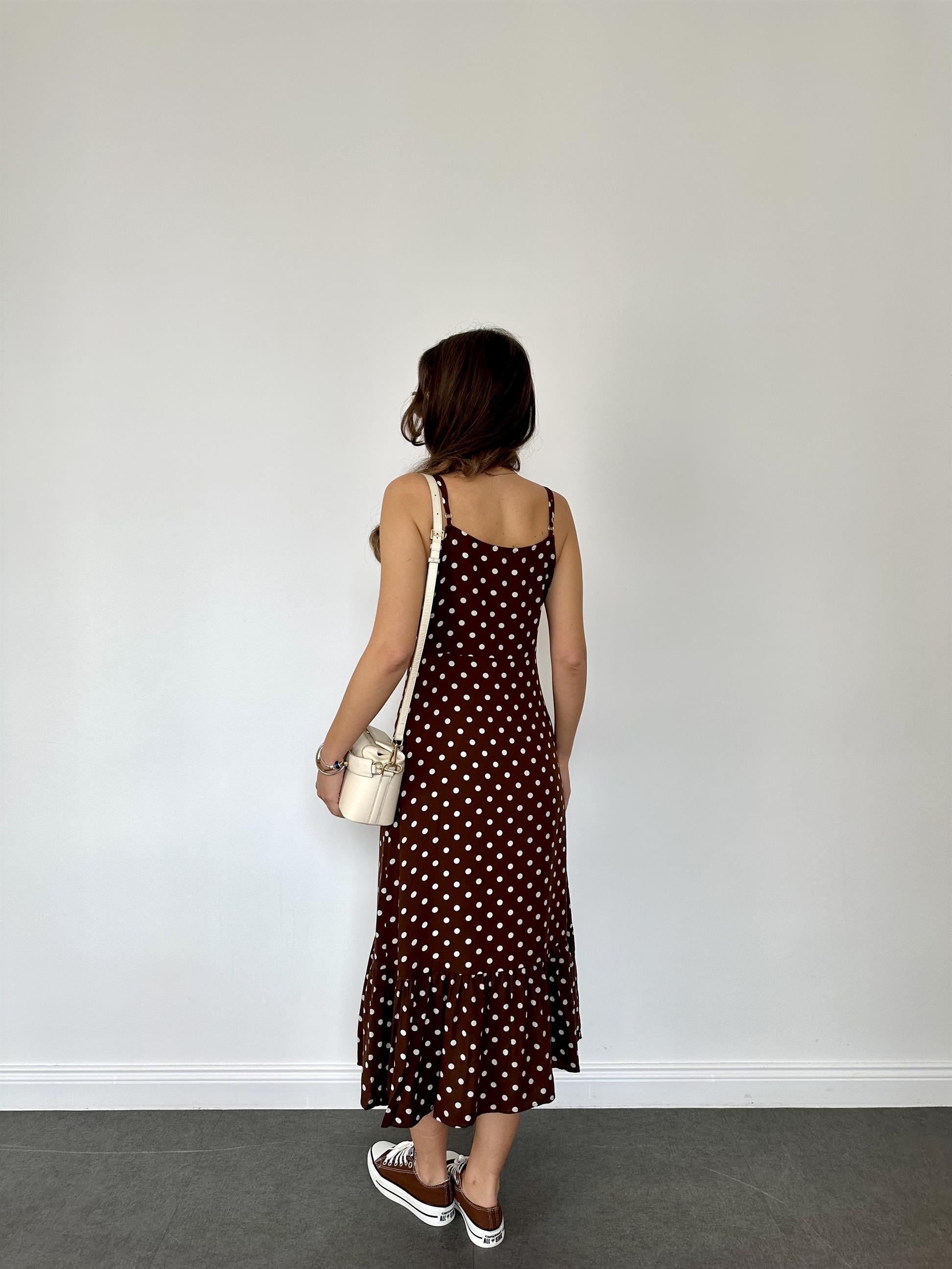 Kahve Puantiyeli Askılı Elbise