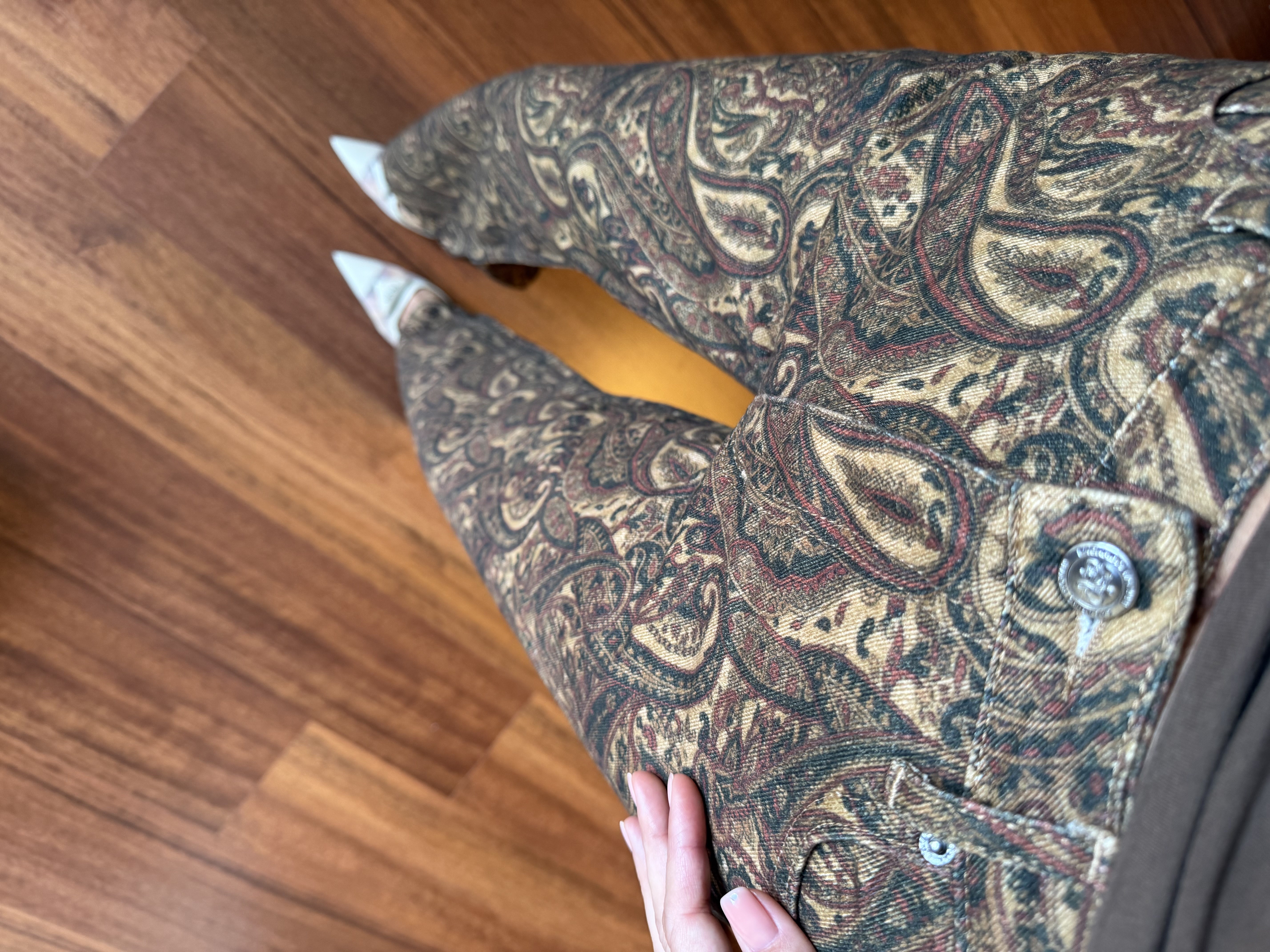 Kahve Şal Desen Wide Leg Jean Pantolon