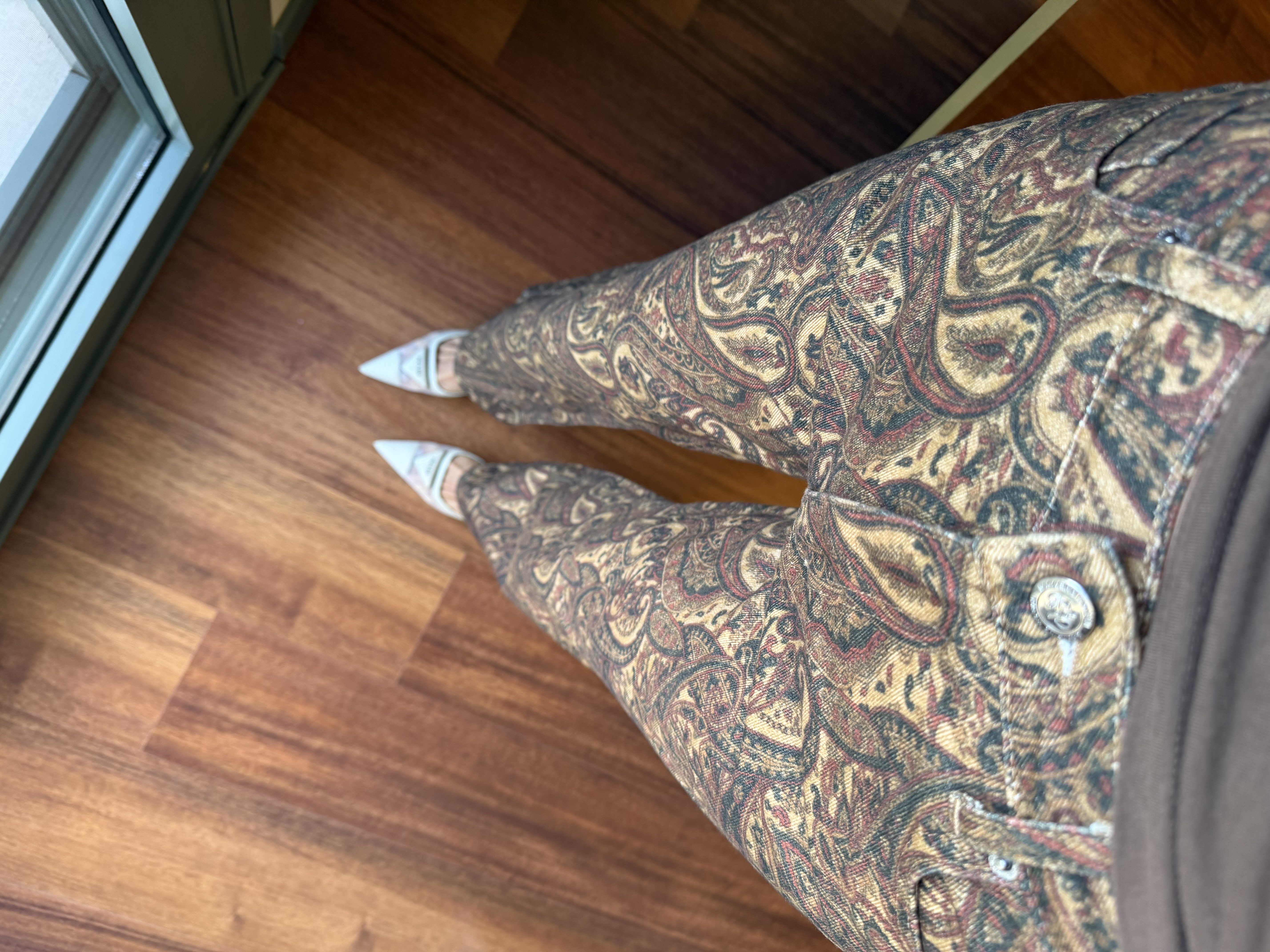 Kahve Şal Desen Wide Leg Jean Pantolon
