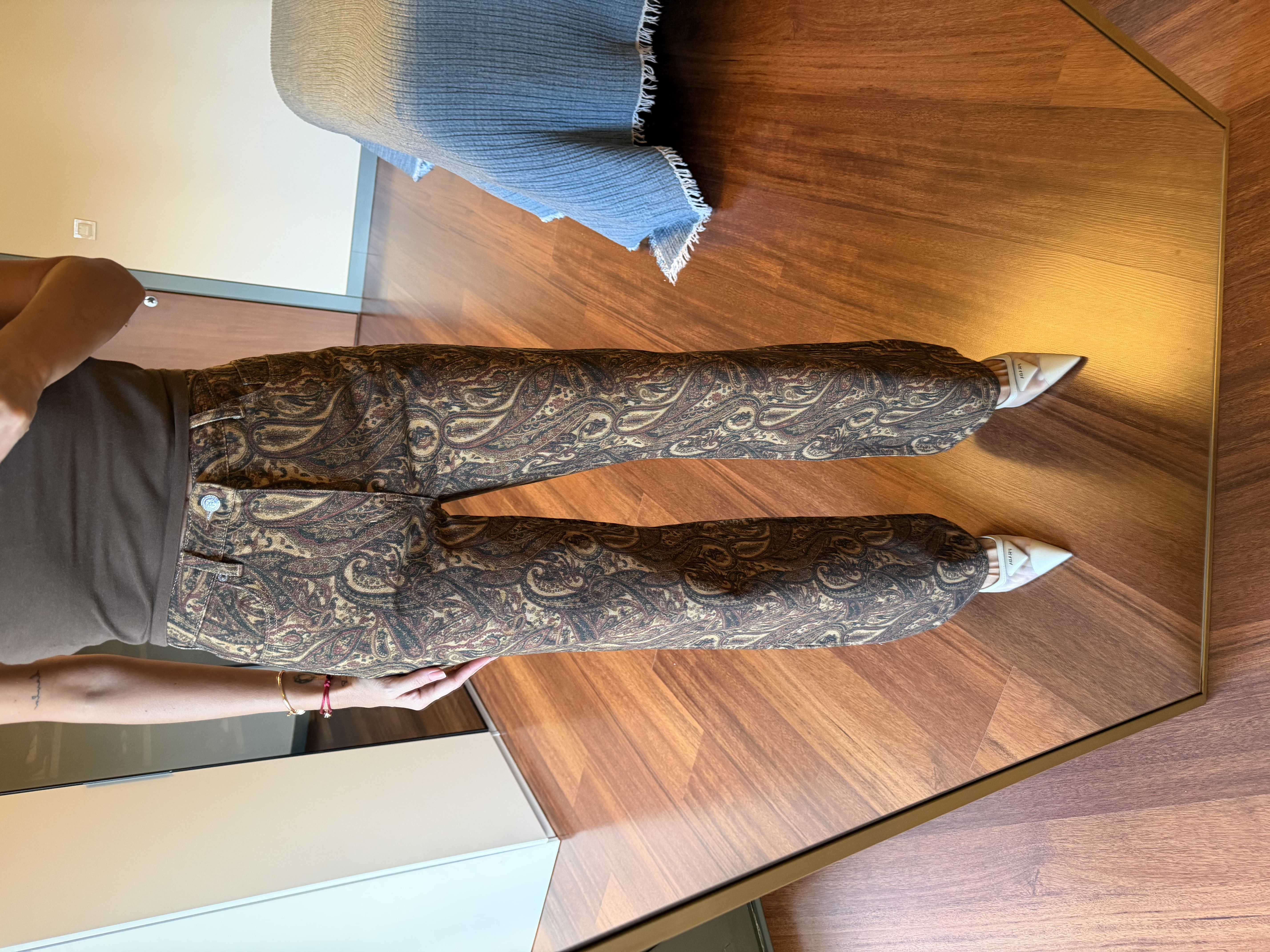 Kahve Şal Desen Wide Leg Jean Pantolon