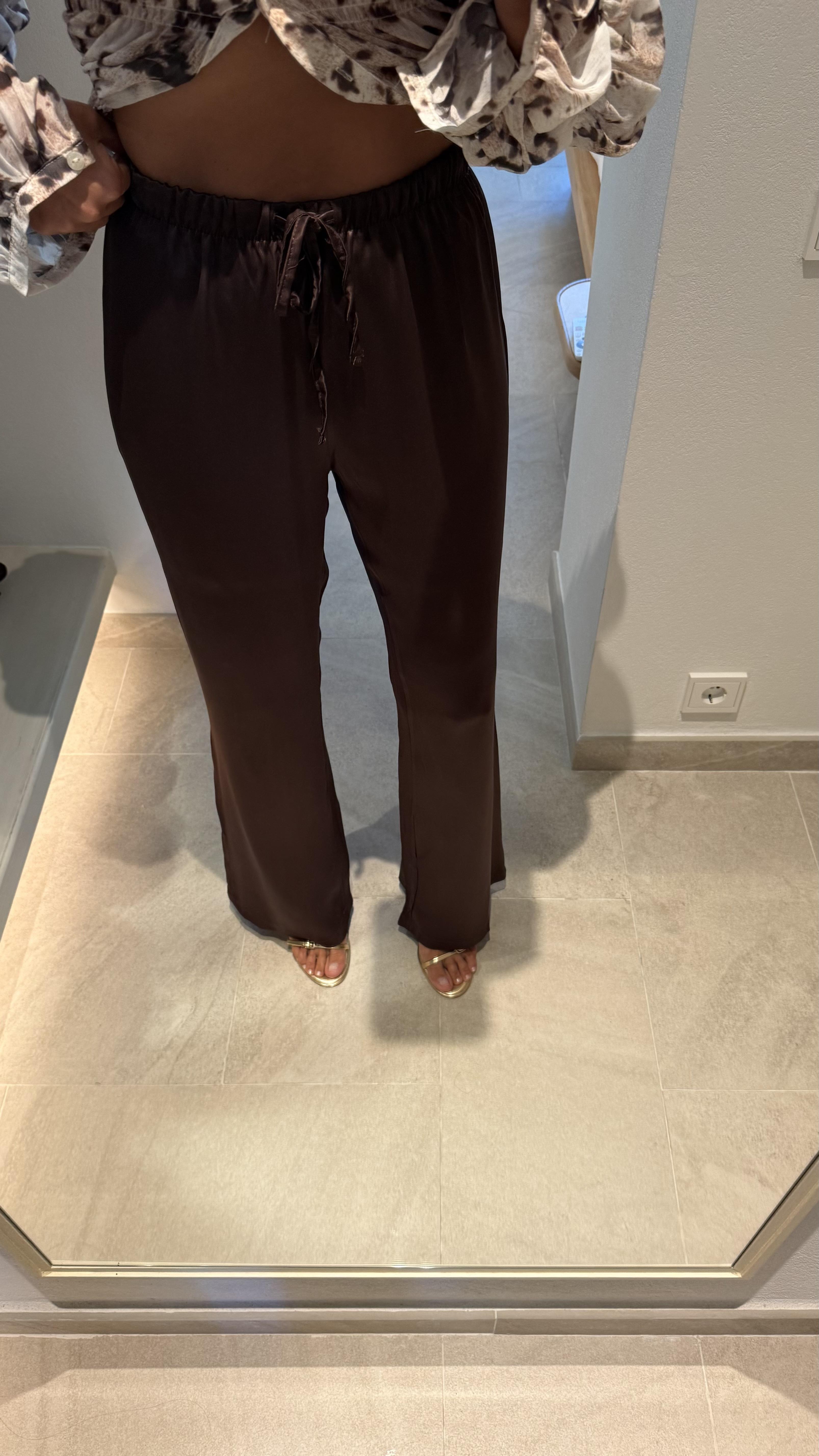 Kahve Saten Bağcıklı Kumaş Pantolon