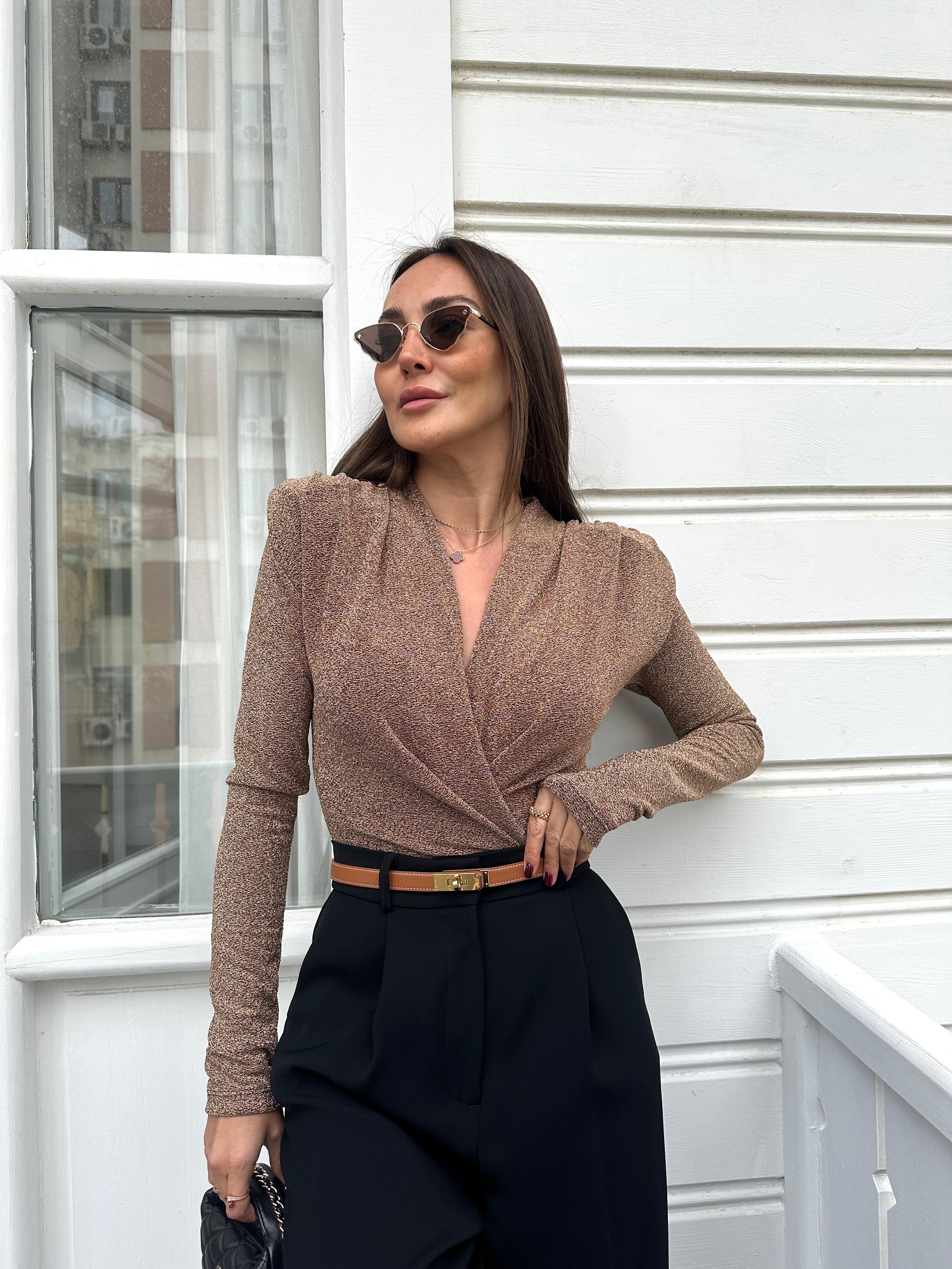 Kahve Simli Vatkalı Bodysuit
