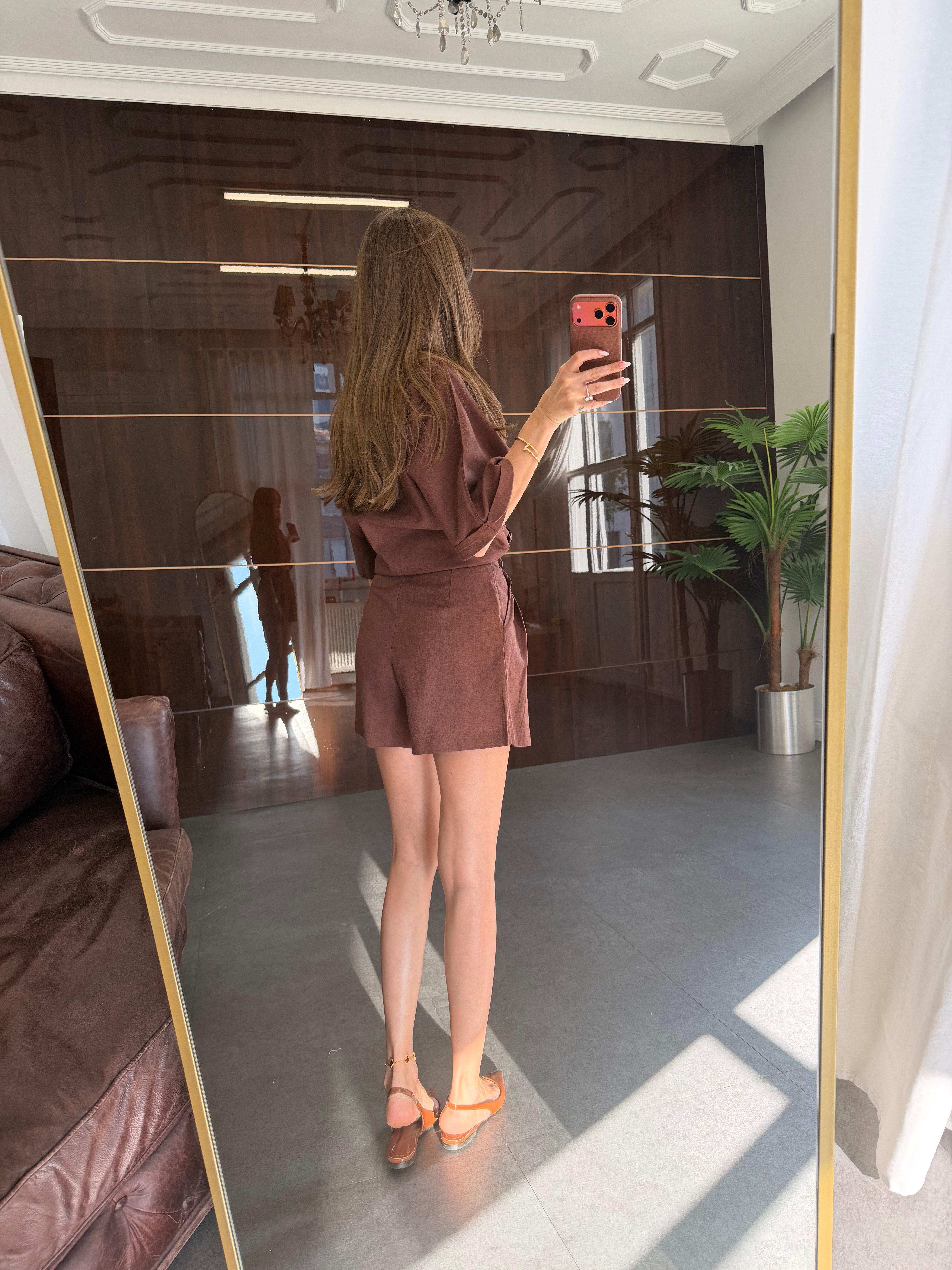Kahve Sleeve Şortlu Takım