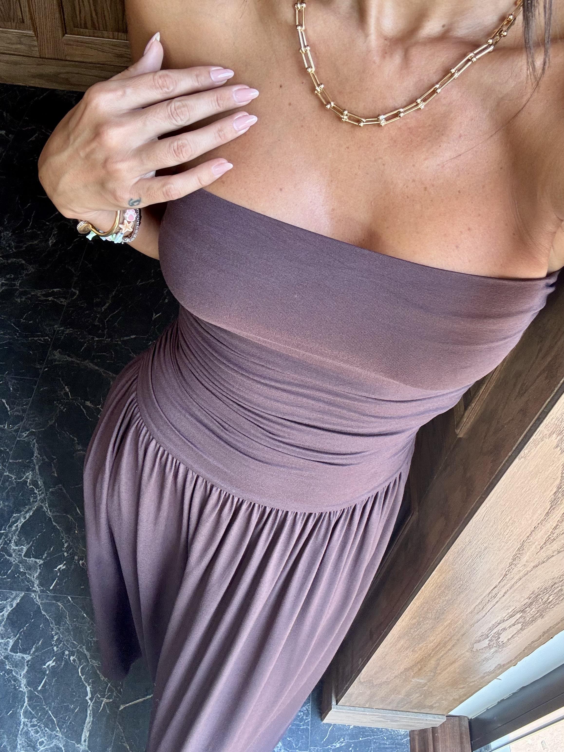 Kahve Straplez Büzgülü Elbise