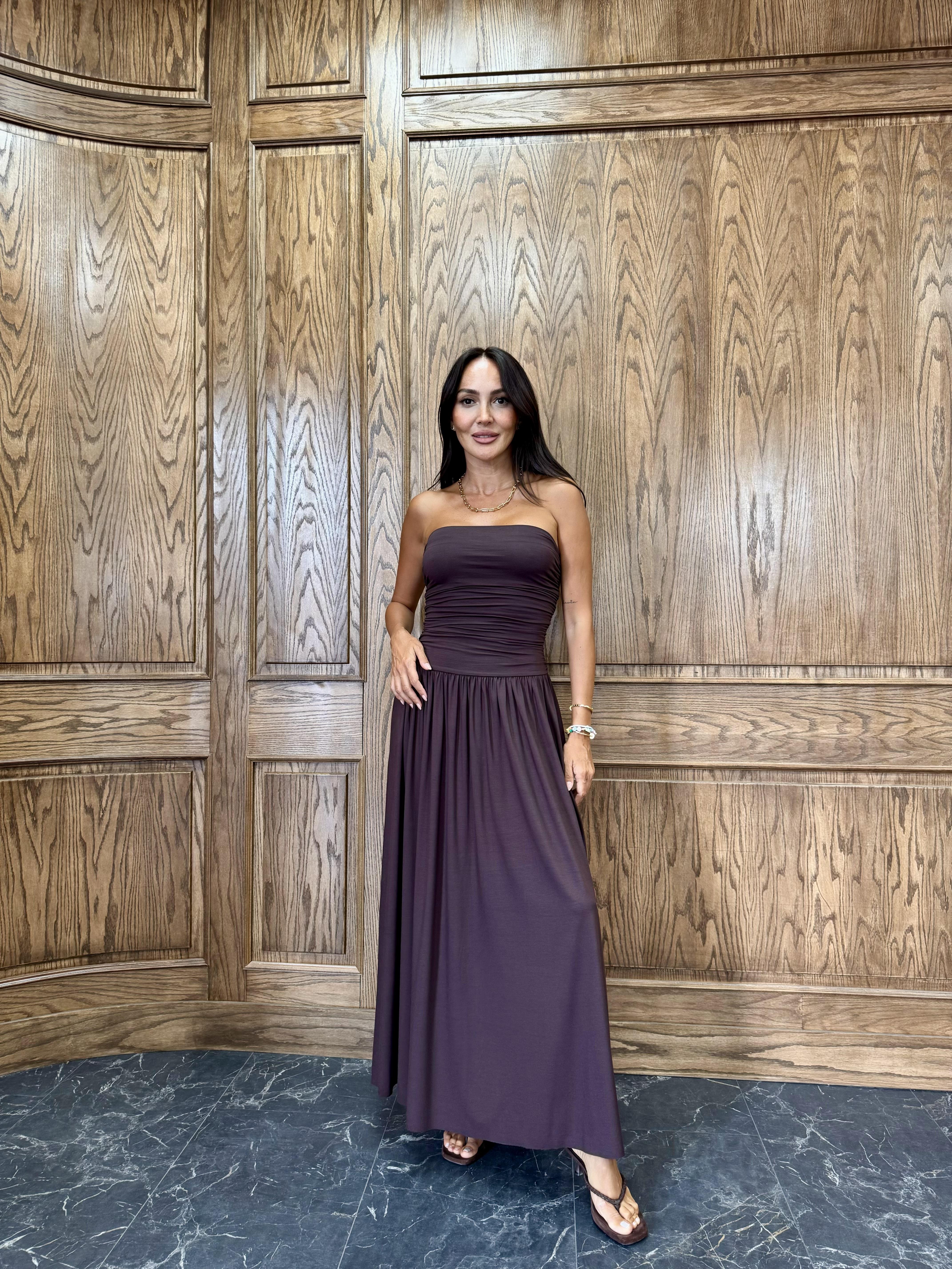 Kahve Straplez Büzgülü Elbise