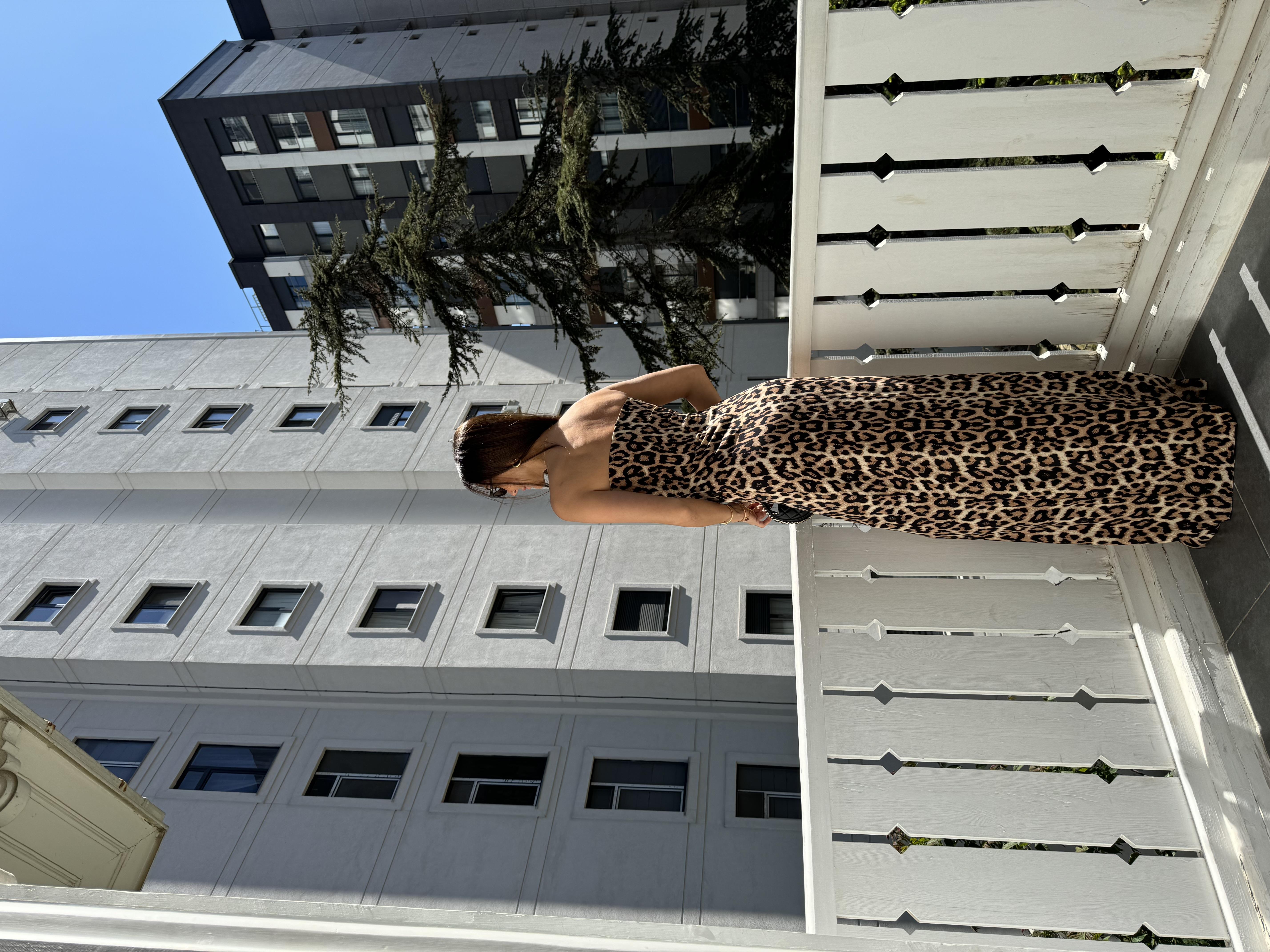 Kahve Straplez Leopar Maxi Elbise