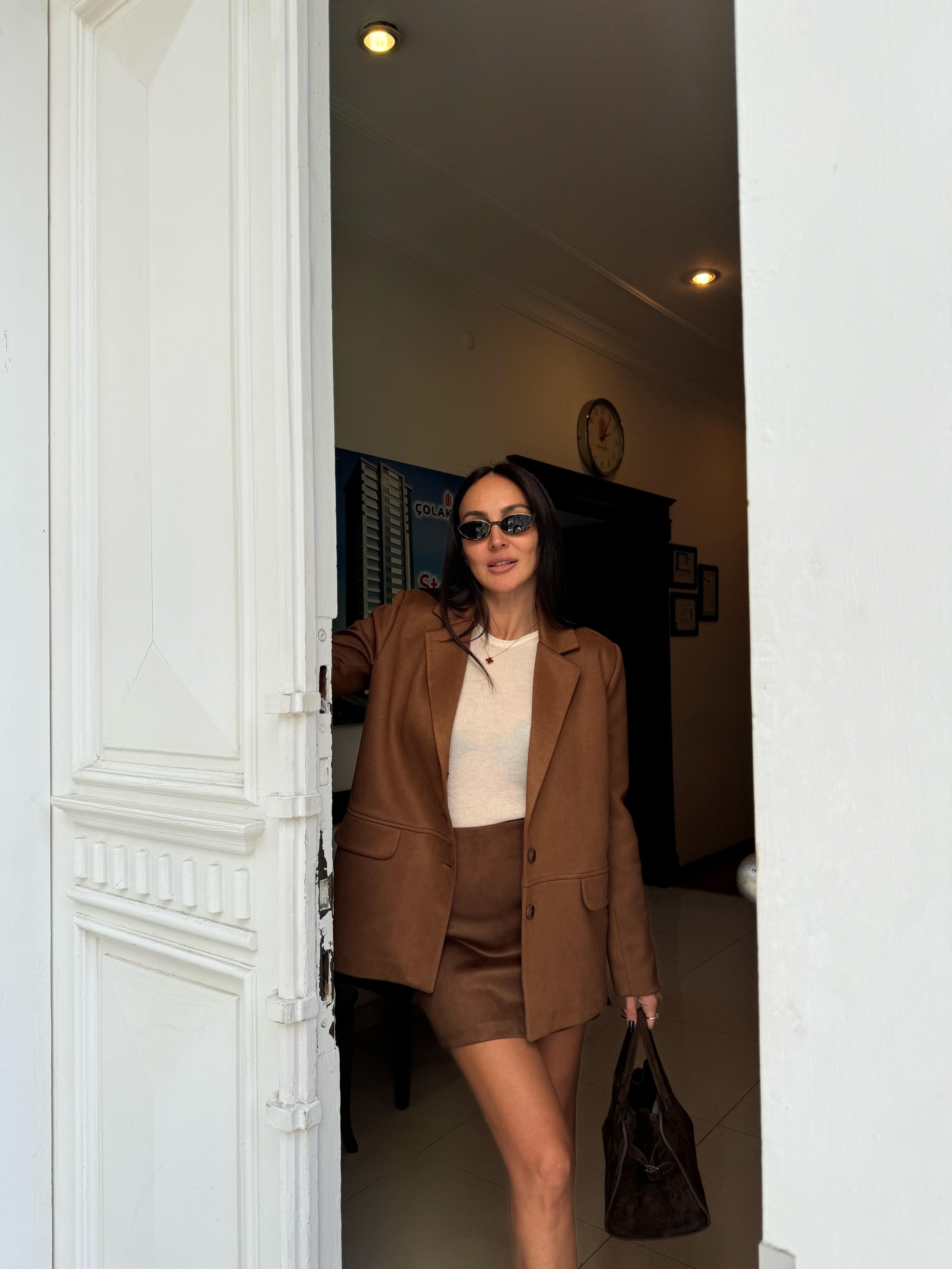 Kahve Süet Mini Etek