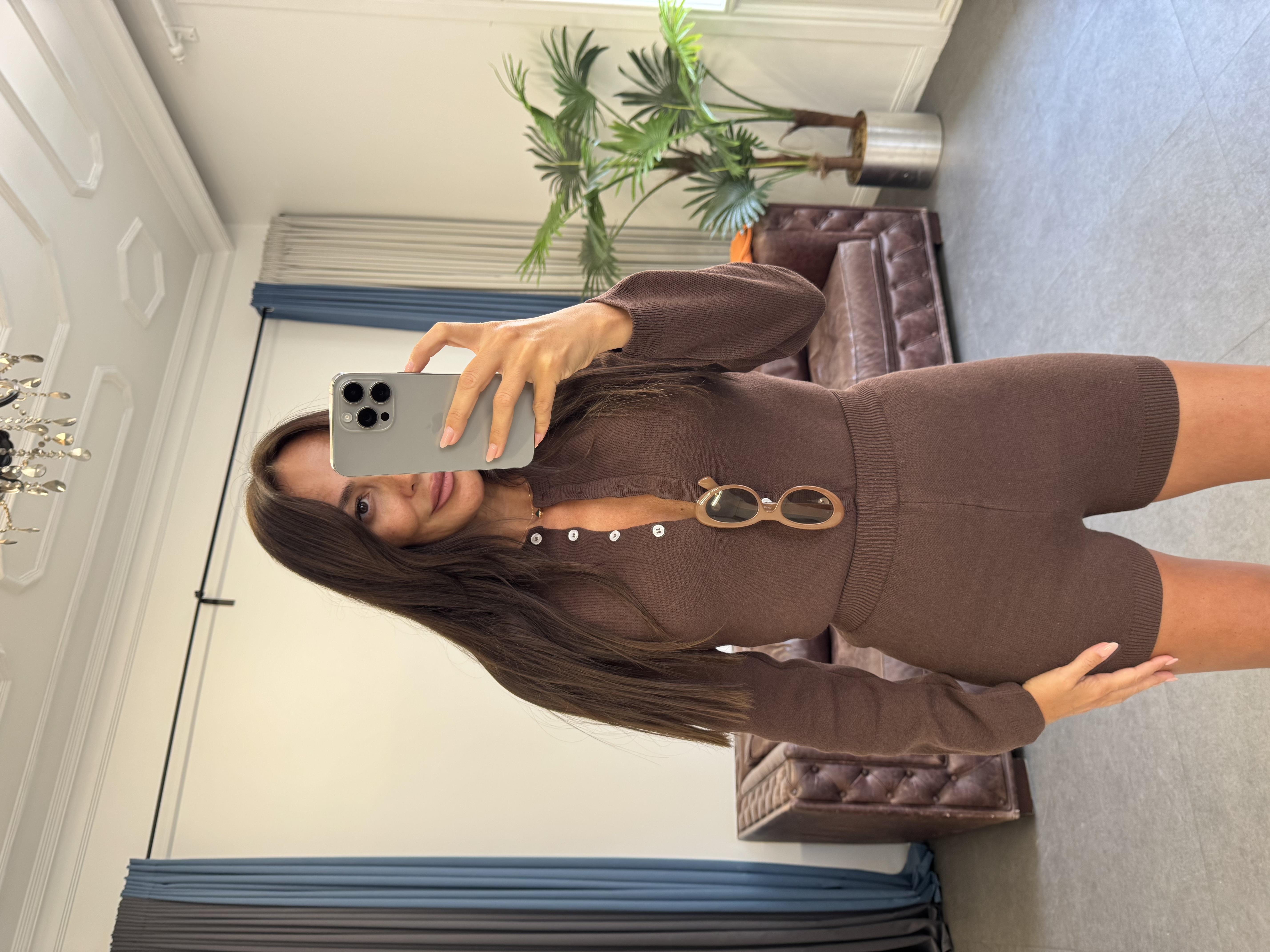 Kahve Triko Bodysuit Şortlu Takım