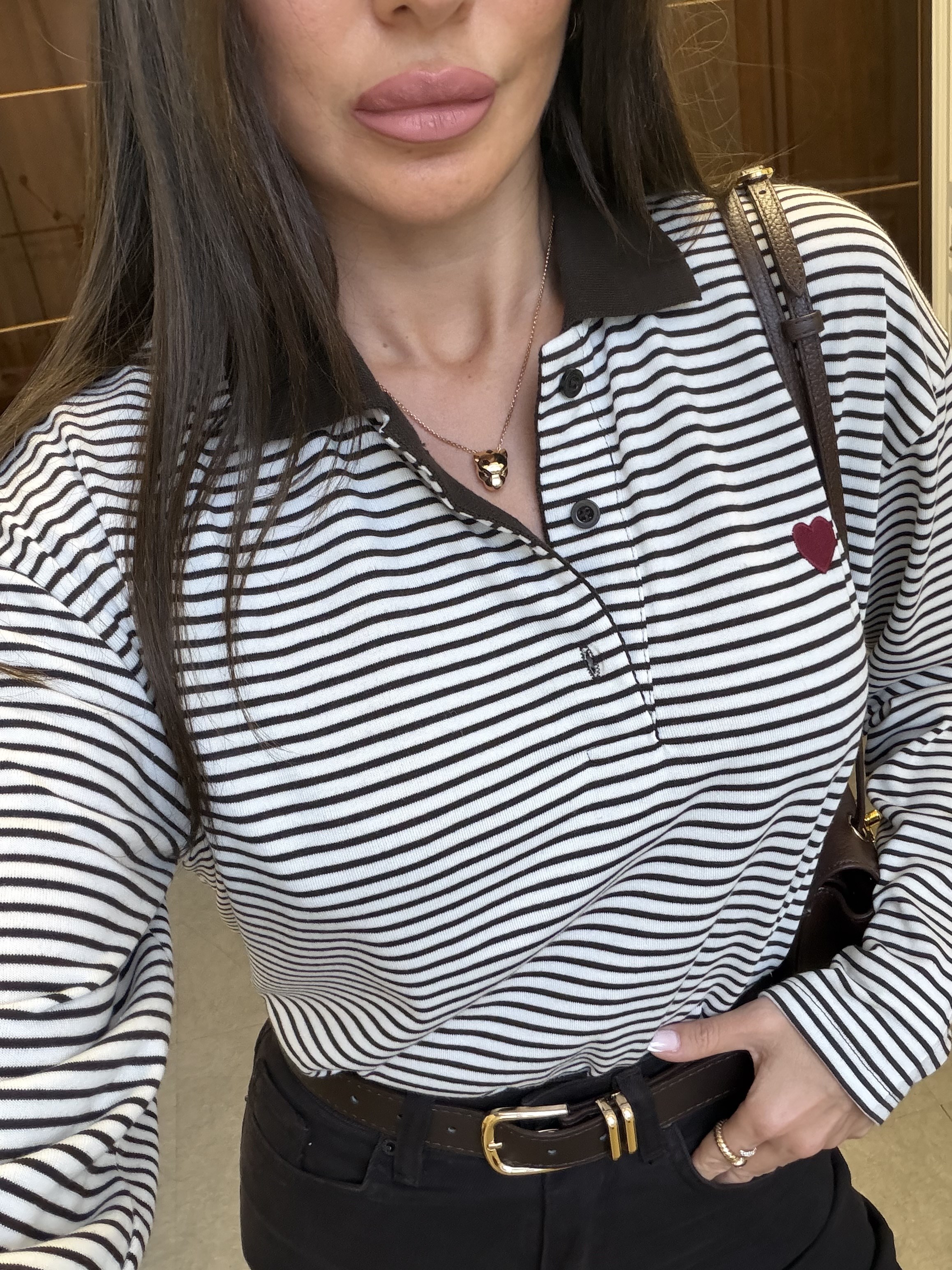 Kahve Yaka Detay Çizgili Uzun Kollu Bluz