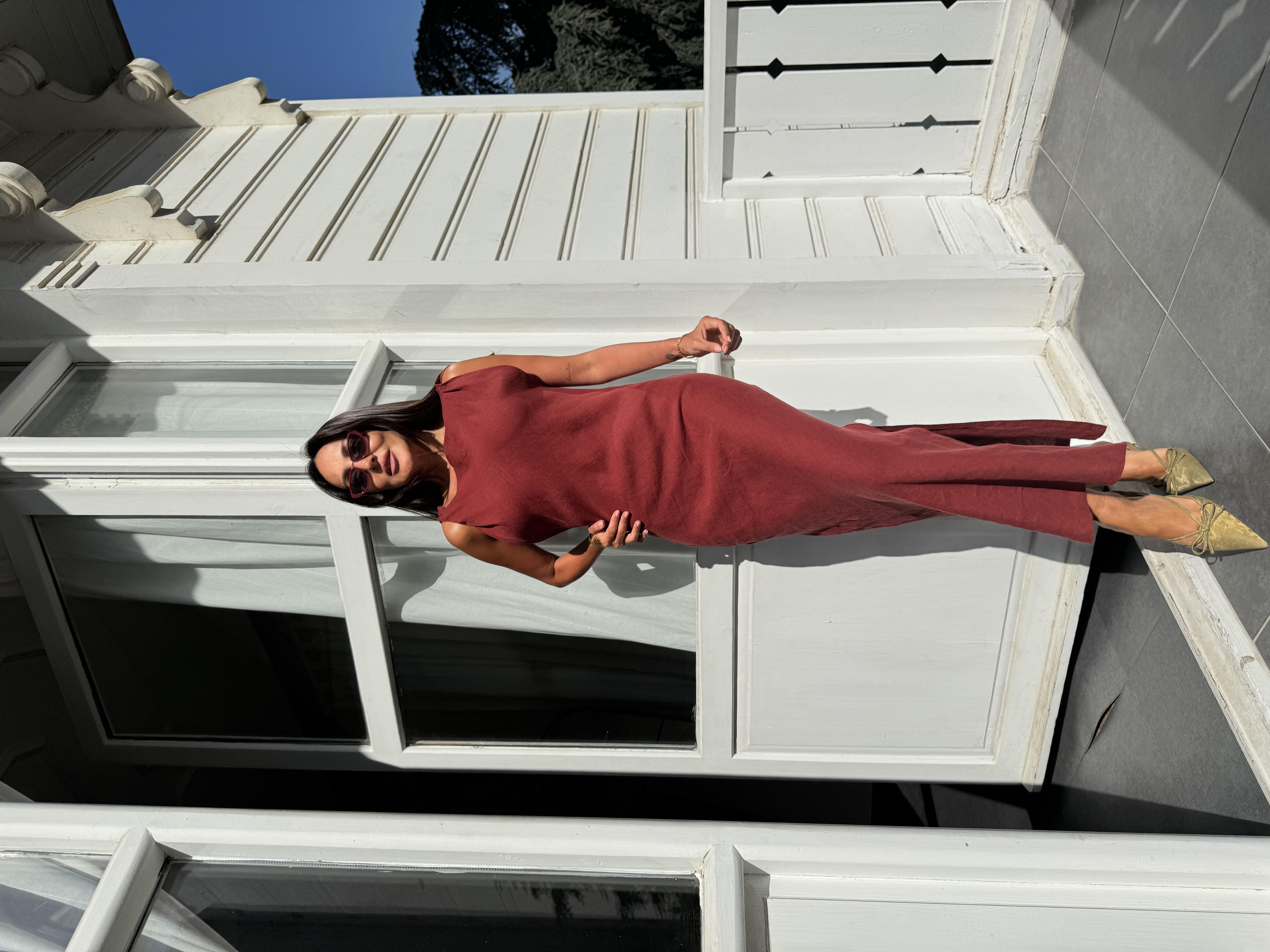 Kiremit Kolsuz Keten Elbise