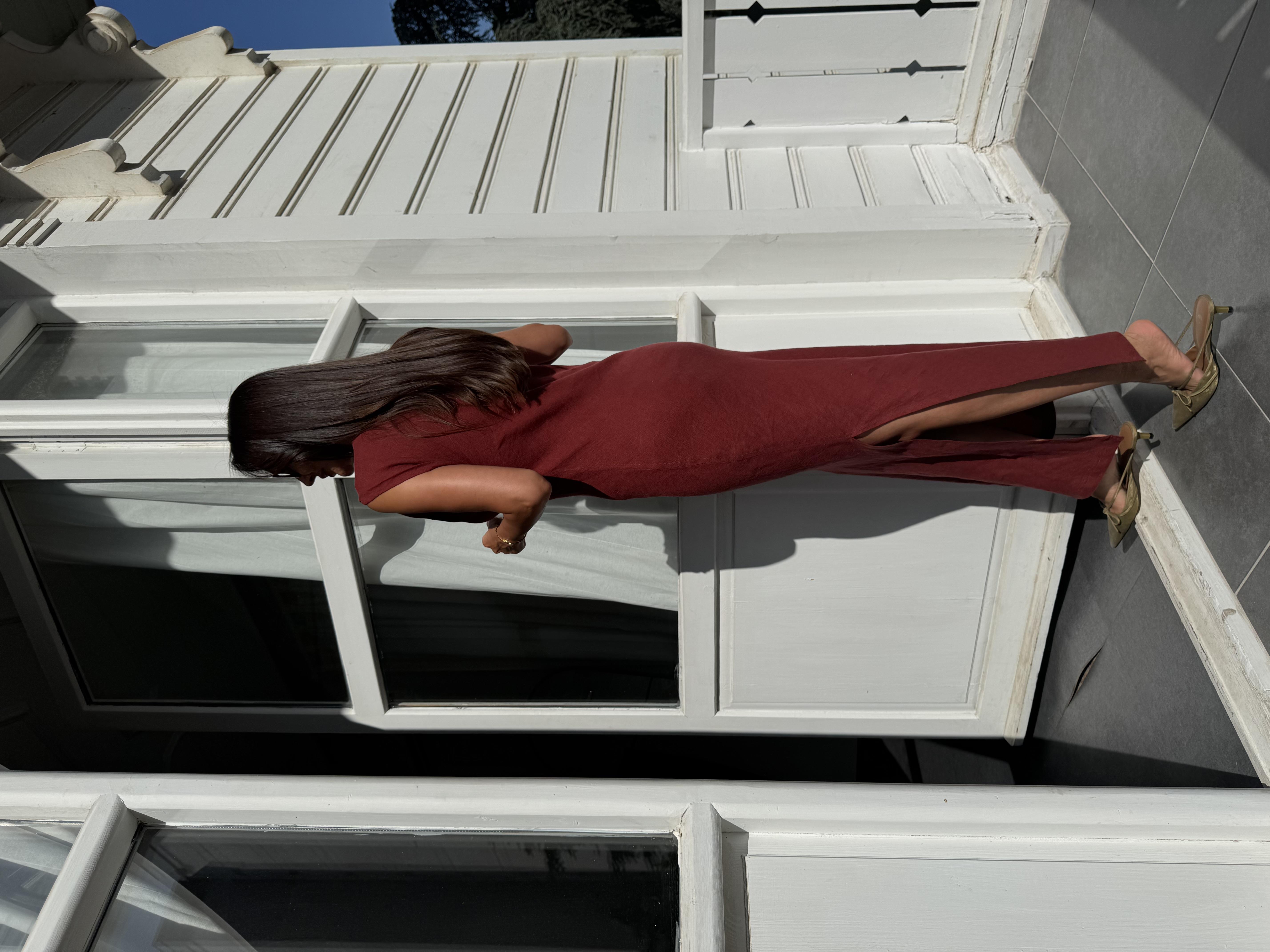 Kiremit Kolsuz Keten Elbise