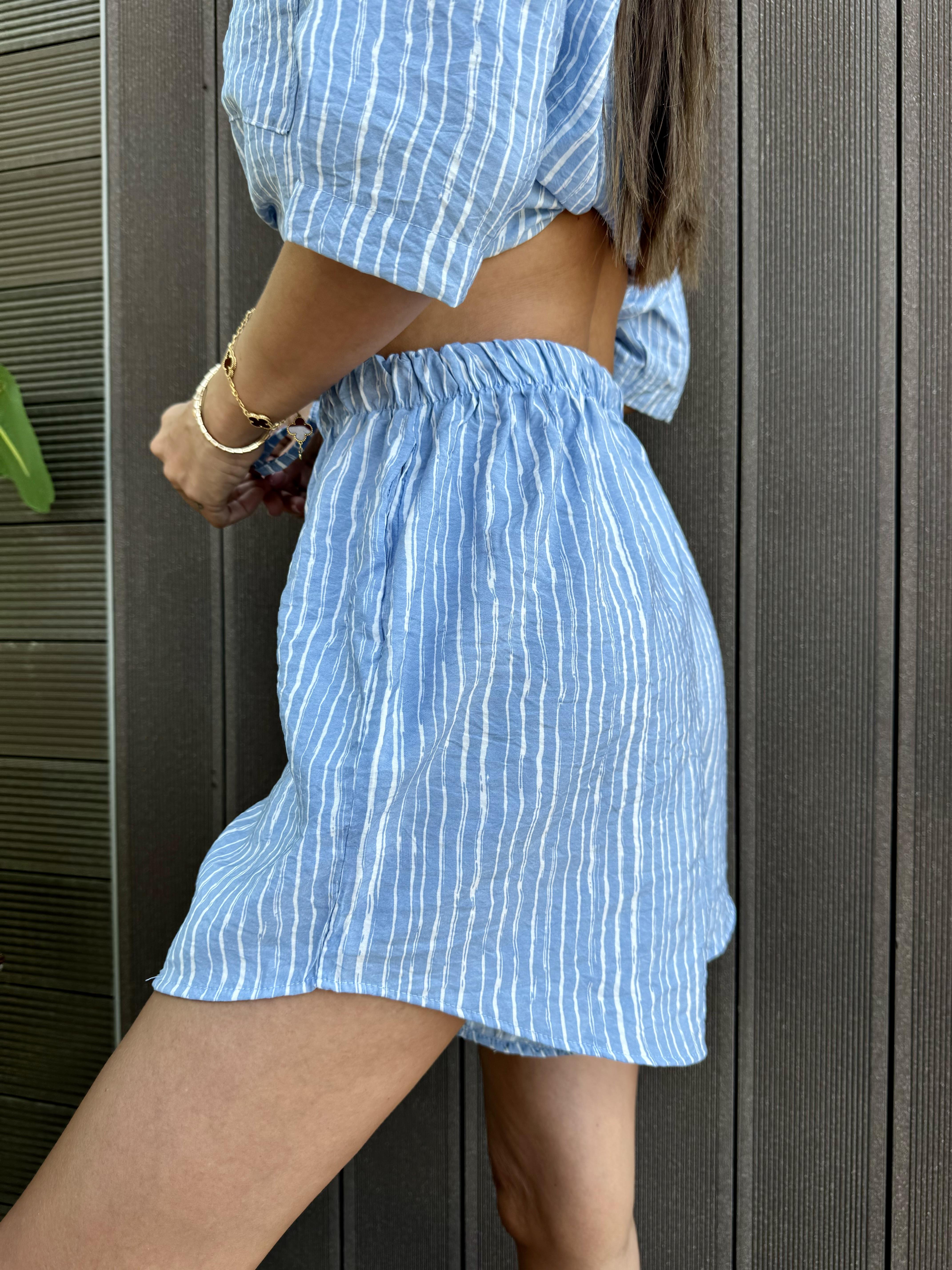 Kırışık Kumaş Mavi Çizgili Takım