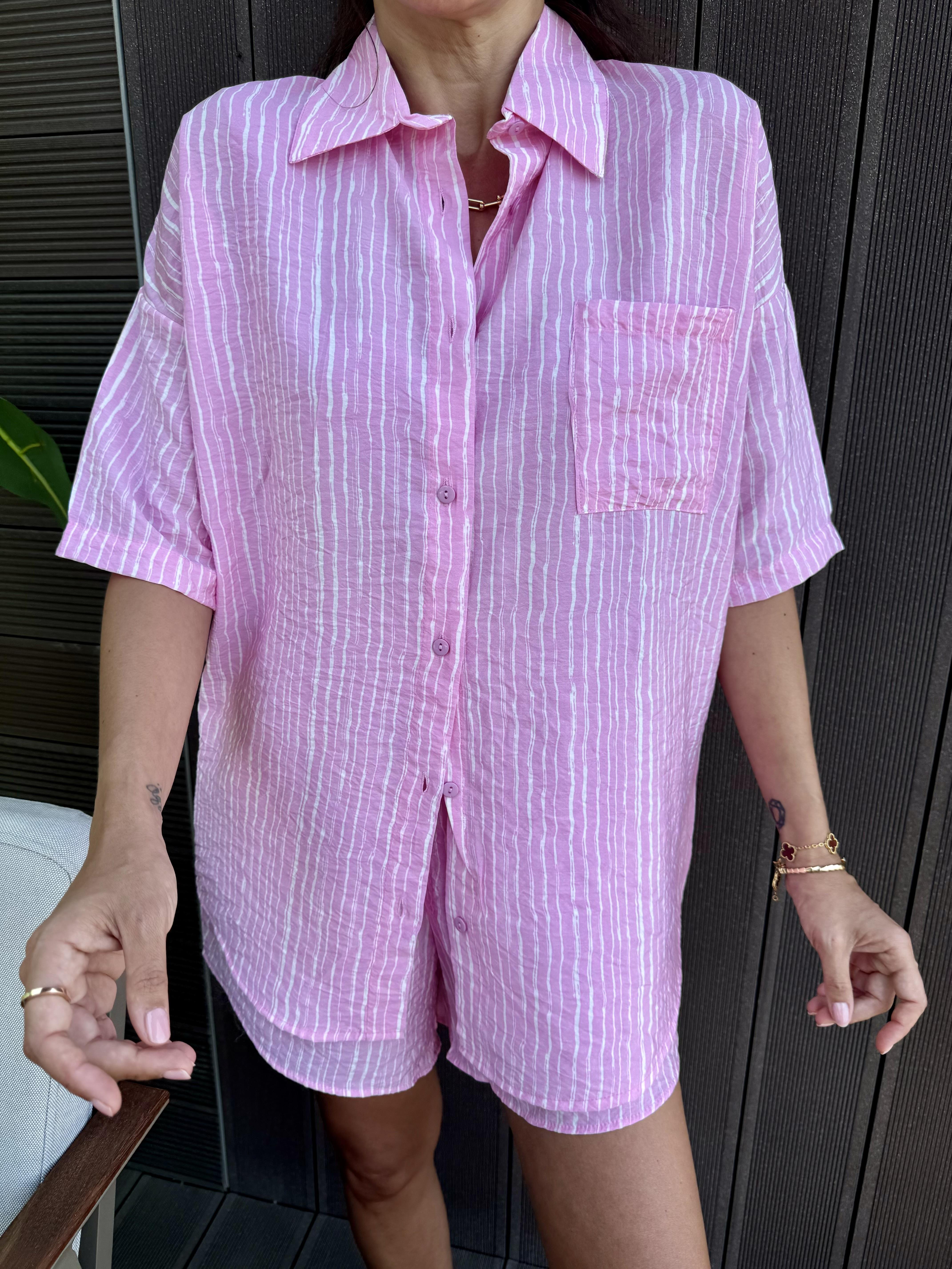 Kırısık Kumaş Pembe Çizgili Takım