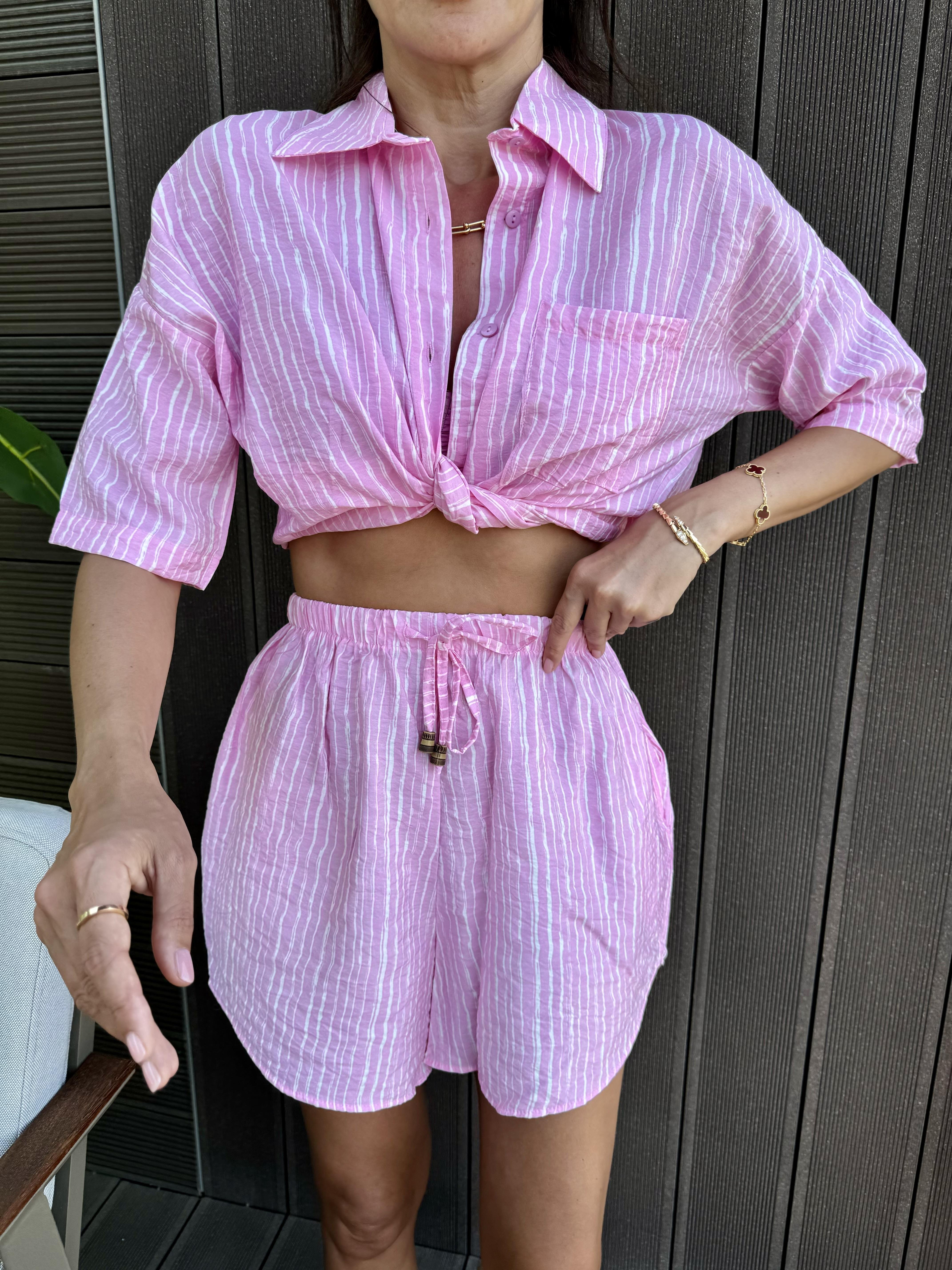 Kırısık Kumaş Pembe Çizgili Takım