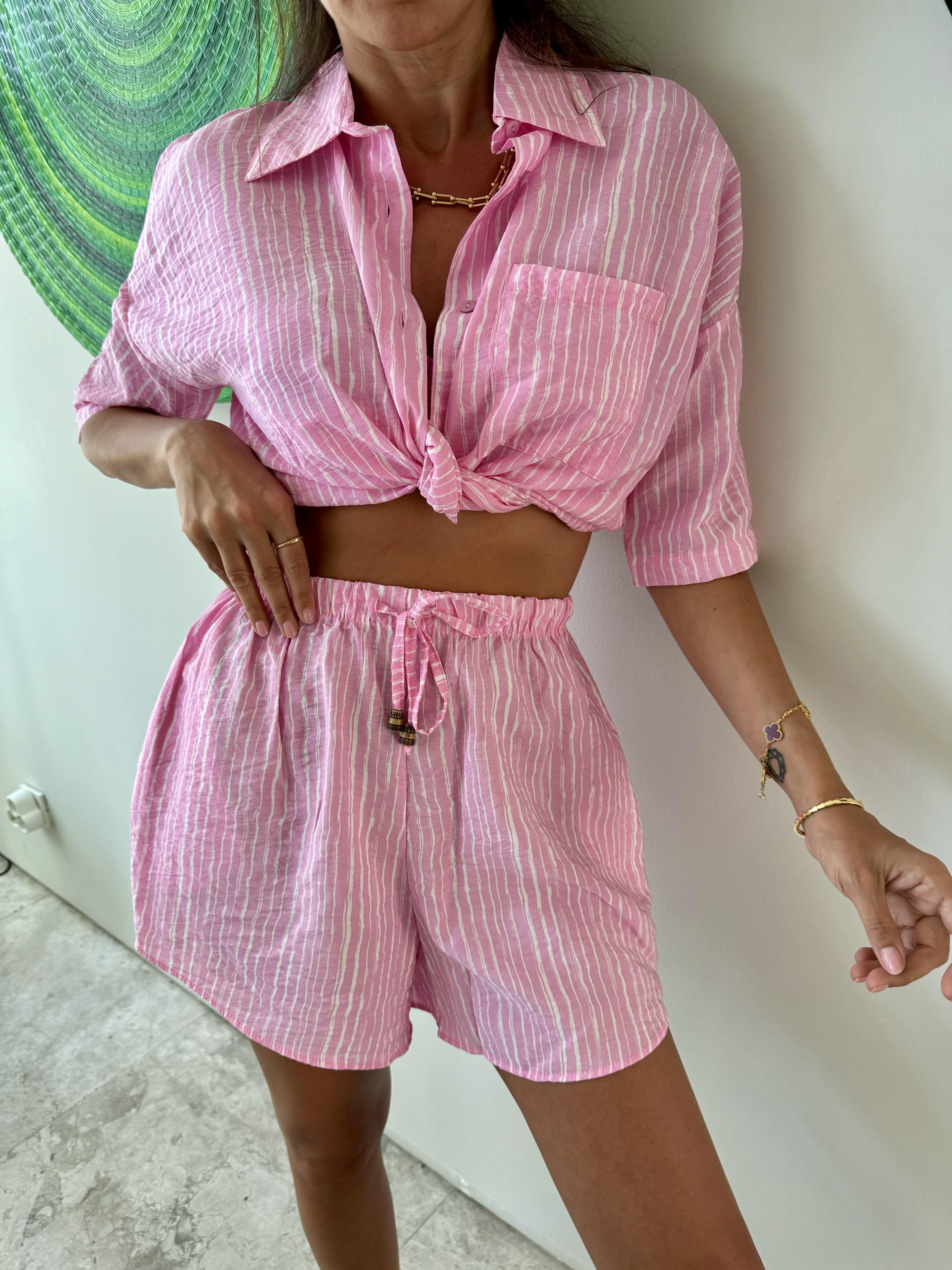 Kırısık Kumaş Pembe Çizgili Takım