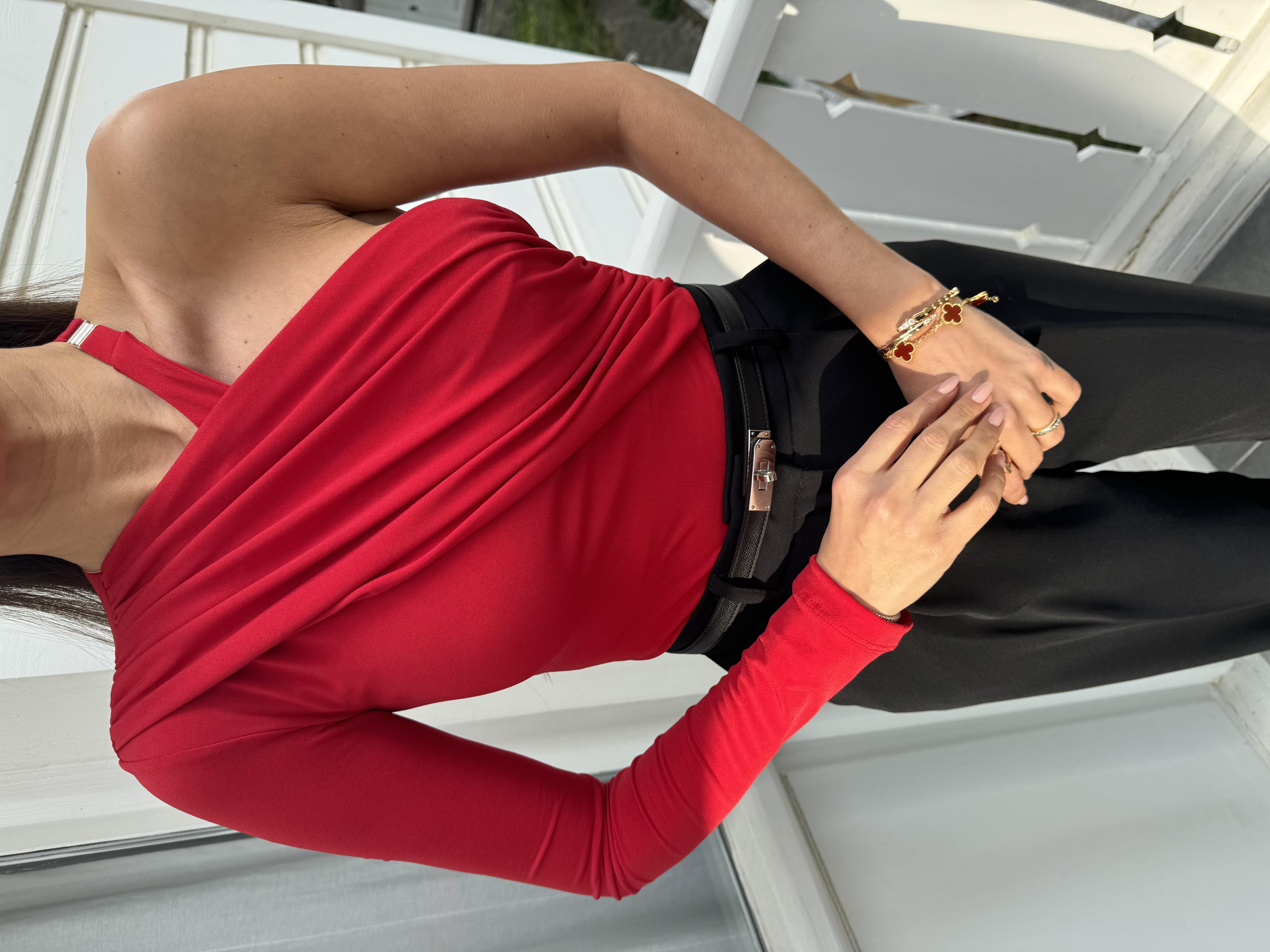 Kırmızı Boyun Detaylı Drape Bodysuit