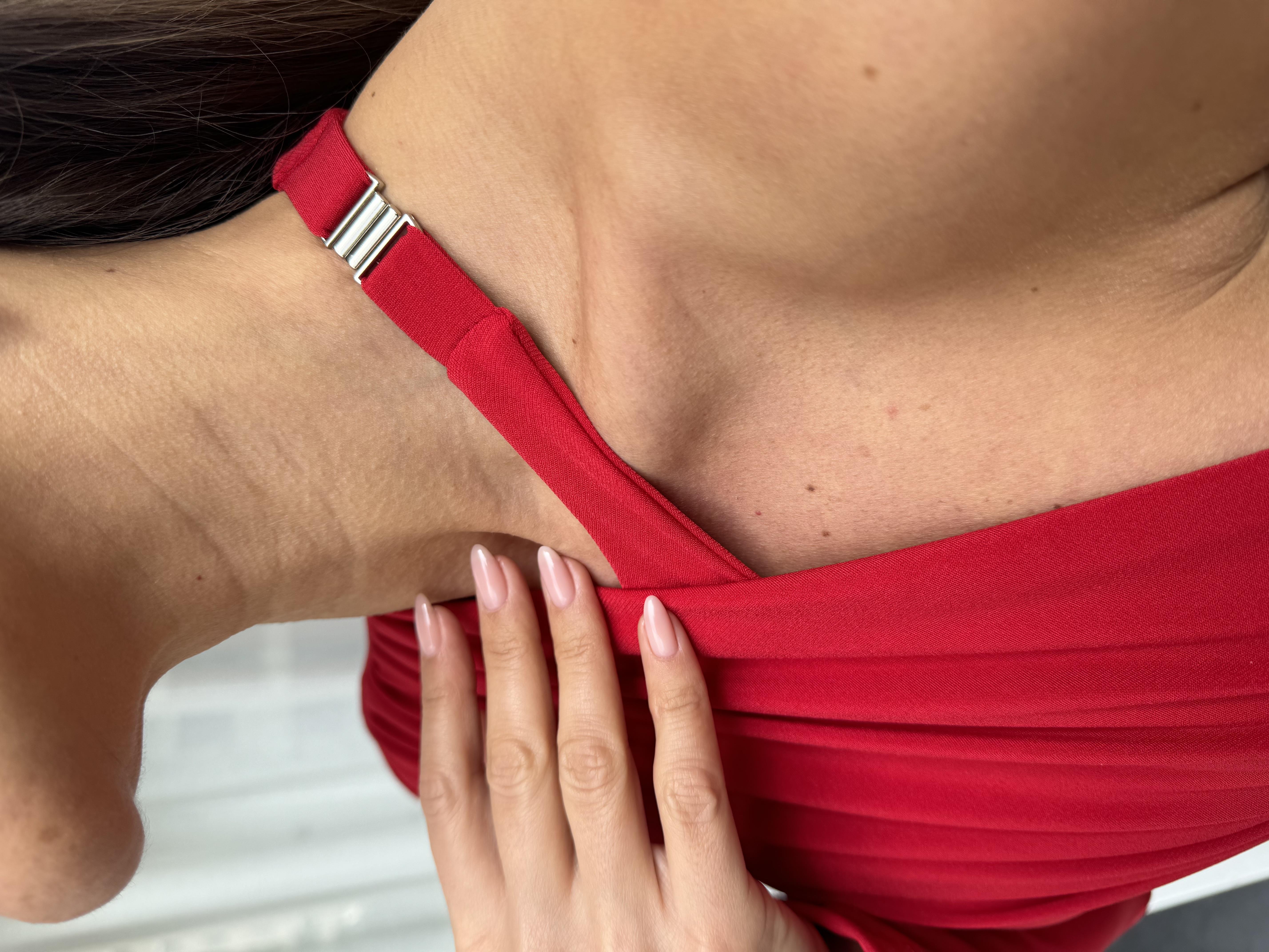 Kırmızı Boyun Detaylı Drape Bodysuit