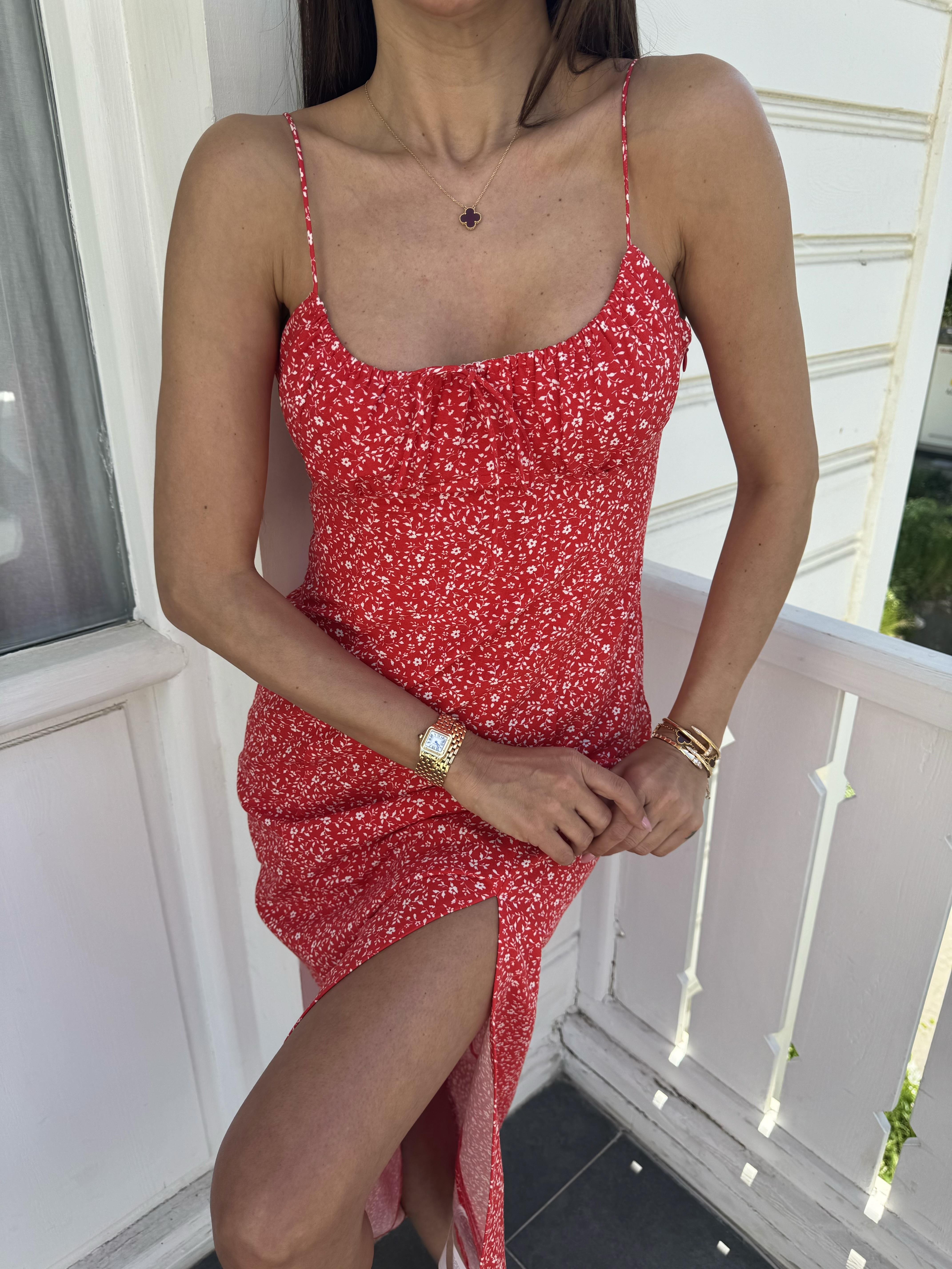 Kırmızı Çıtır Çicek Desen Midi Elbise