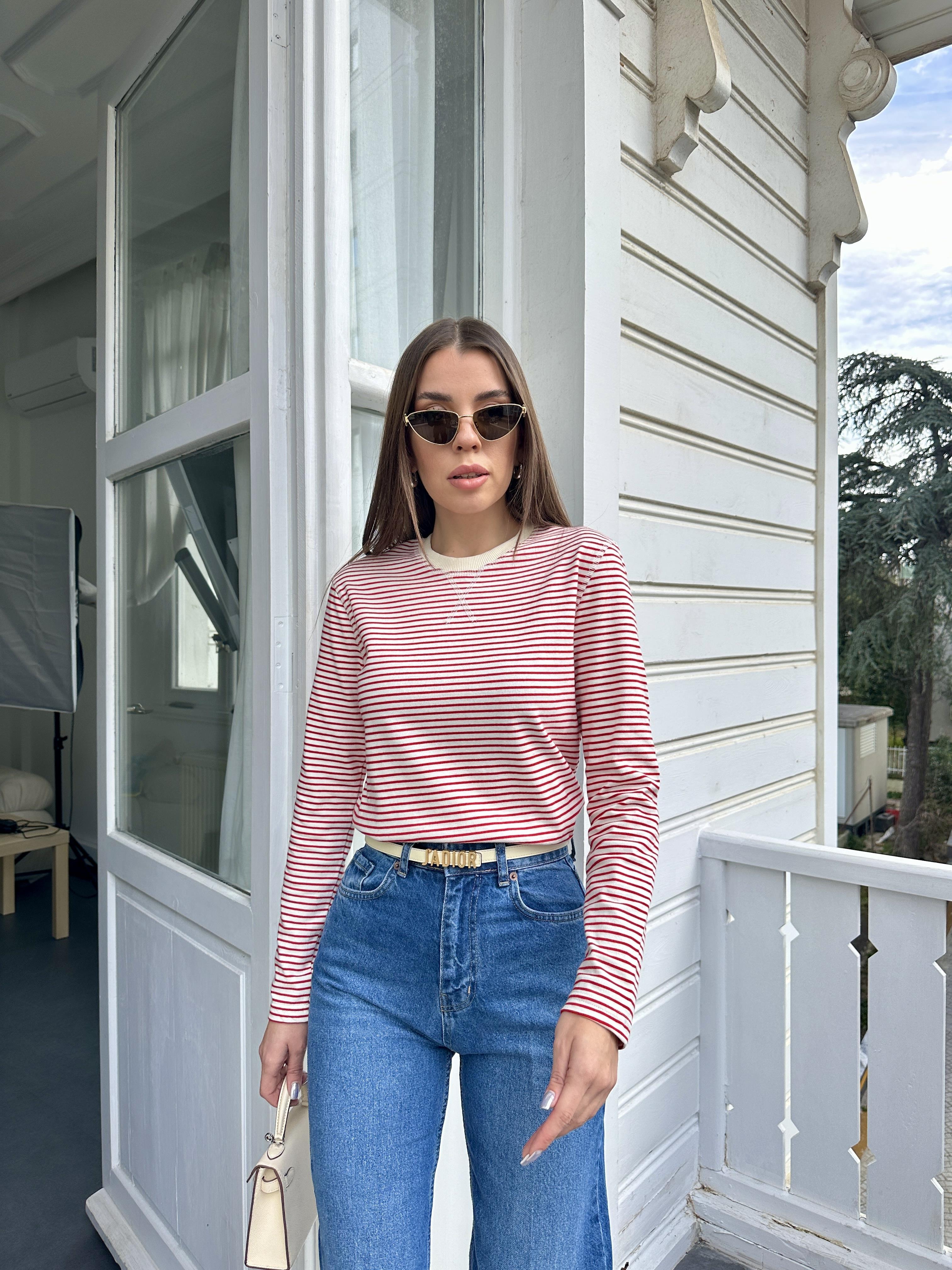 Kırmızı Çizgili Coton Tshirt