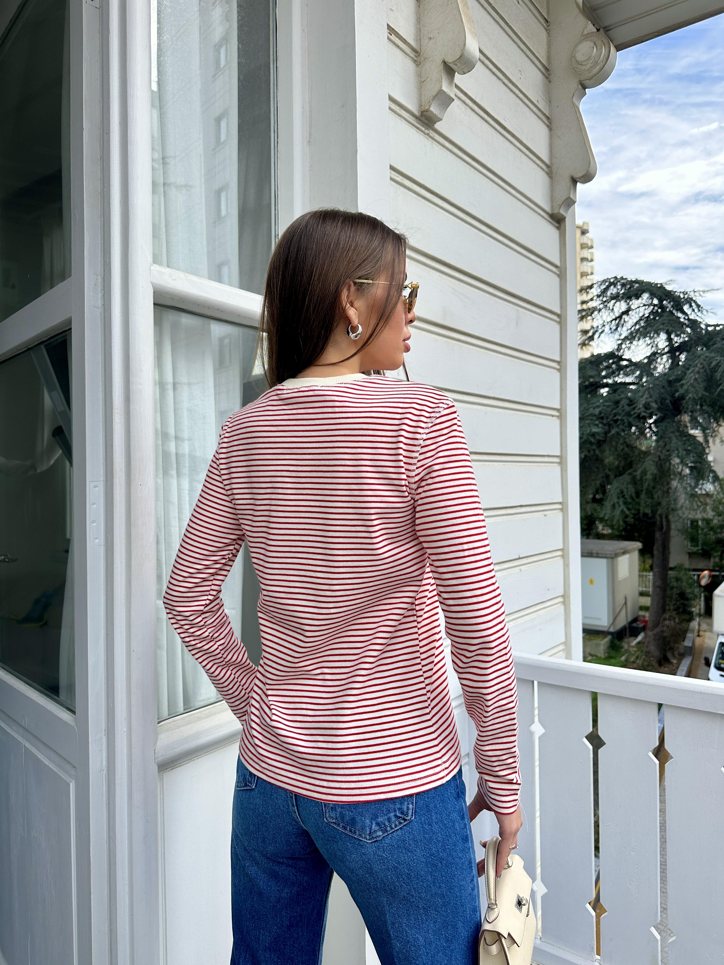 Kırmızı Çizgili Coton Tshirt