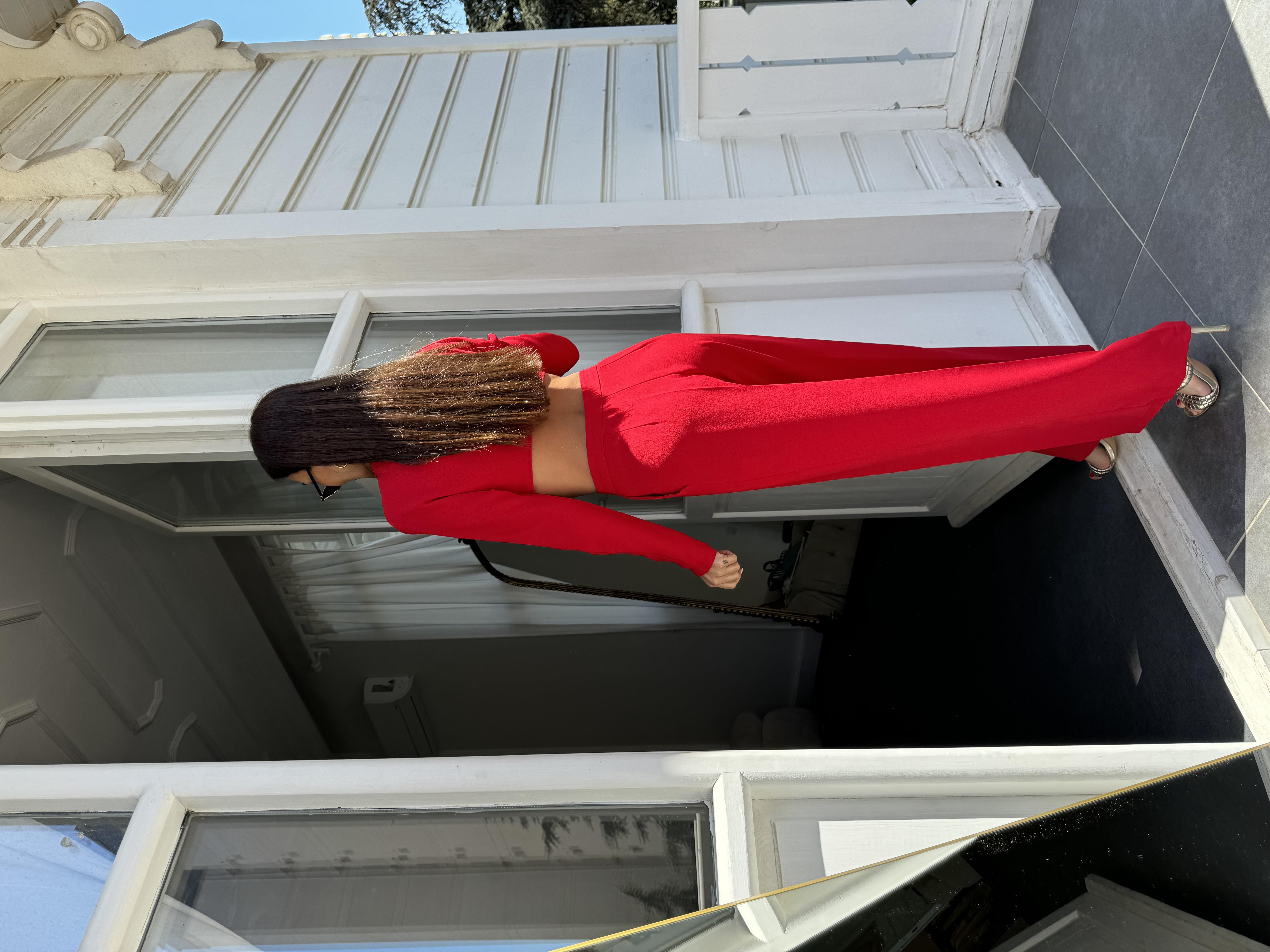 Kırmızı Crop Pantolon Takım