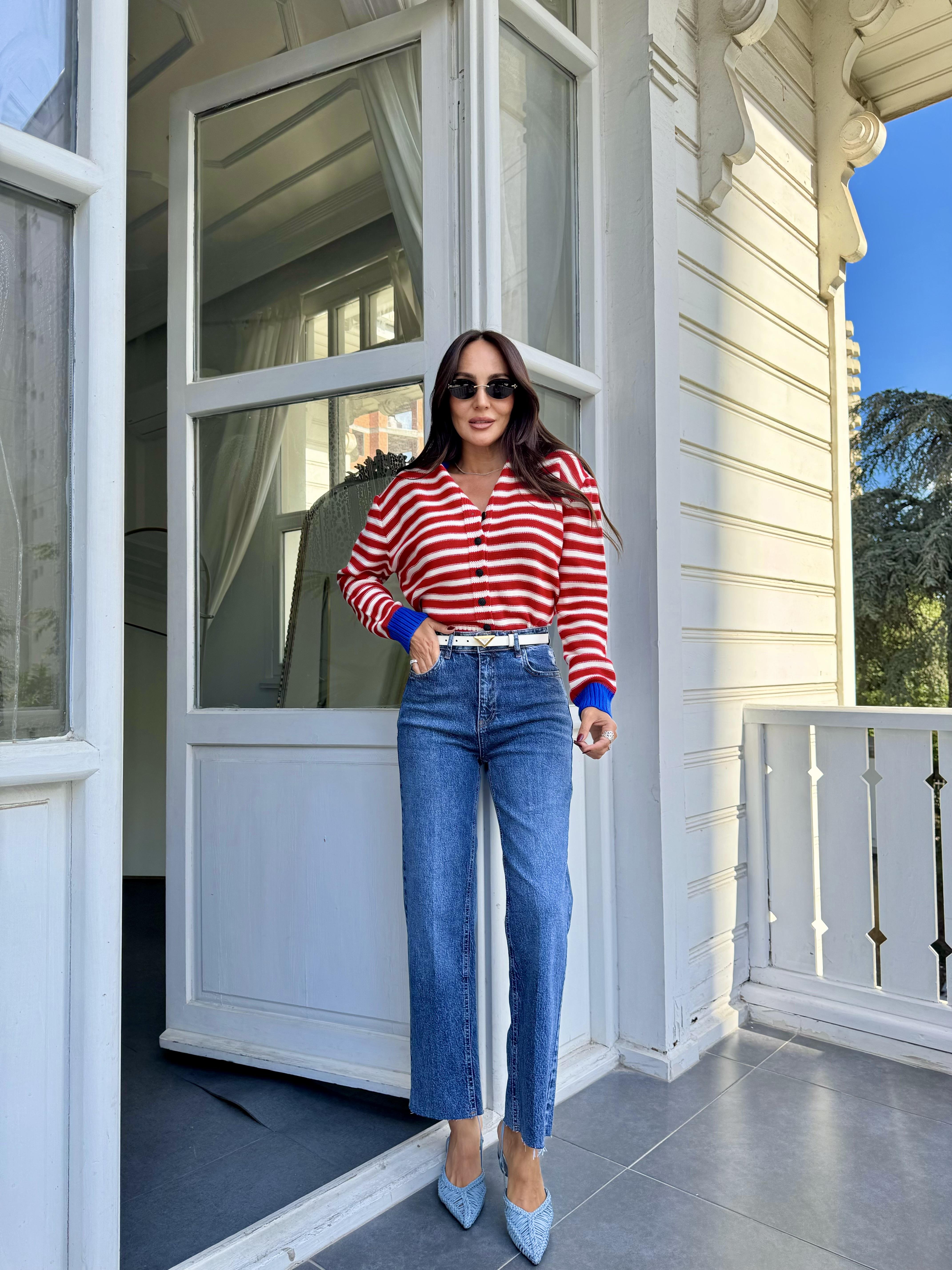 Kırmızı-Saks Çizgili Renkli Hırka