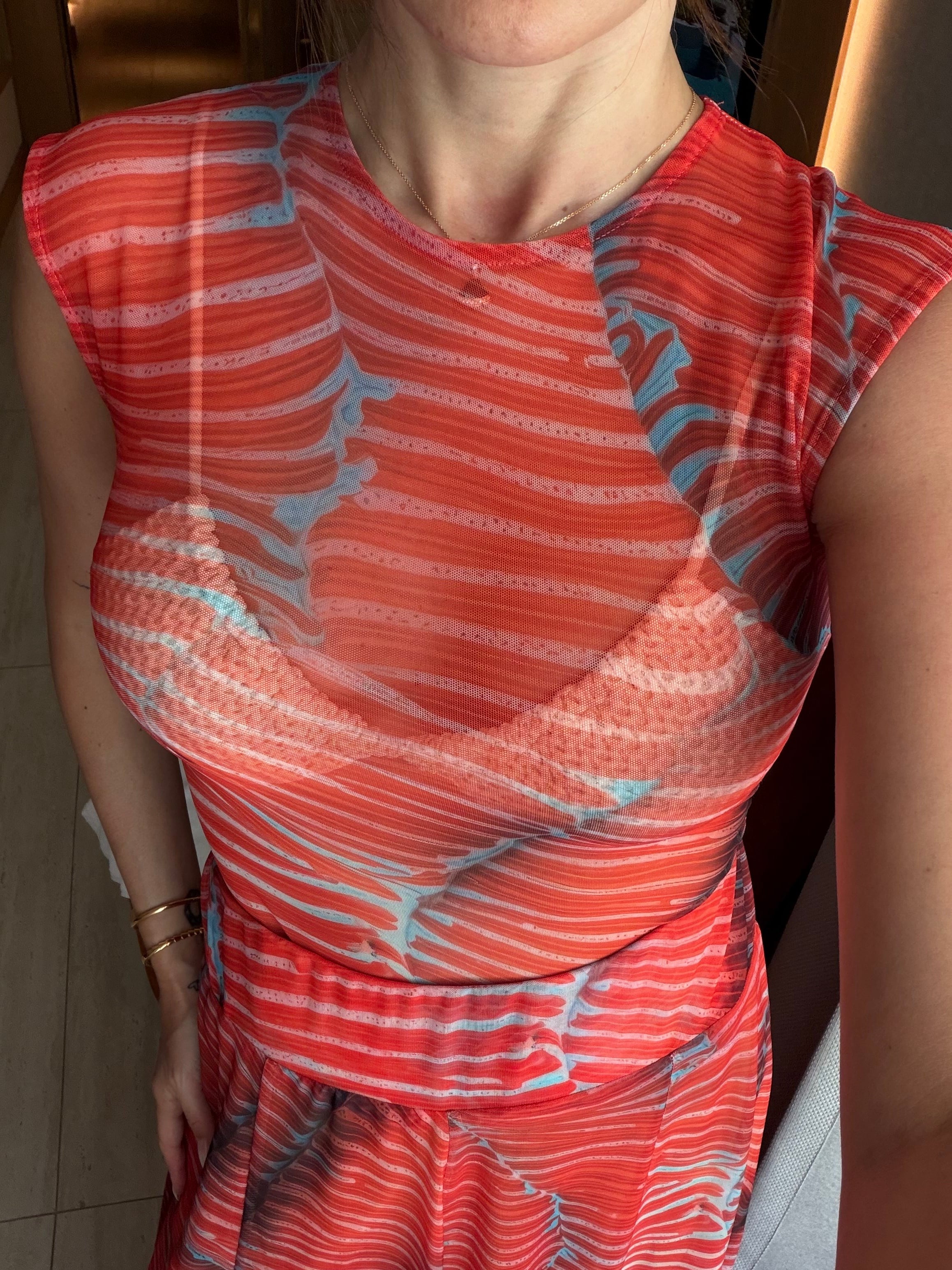 Kırmızı Transparan Bodysuit Uzun Etek Takım