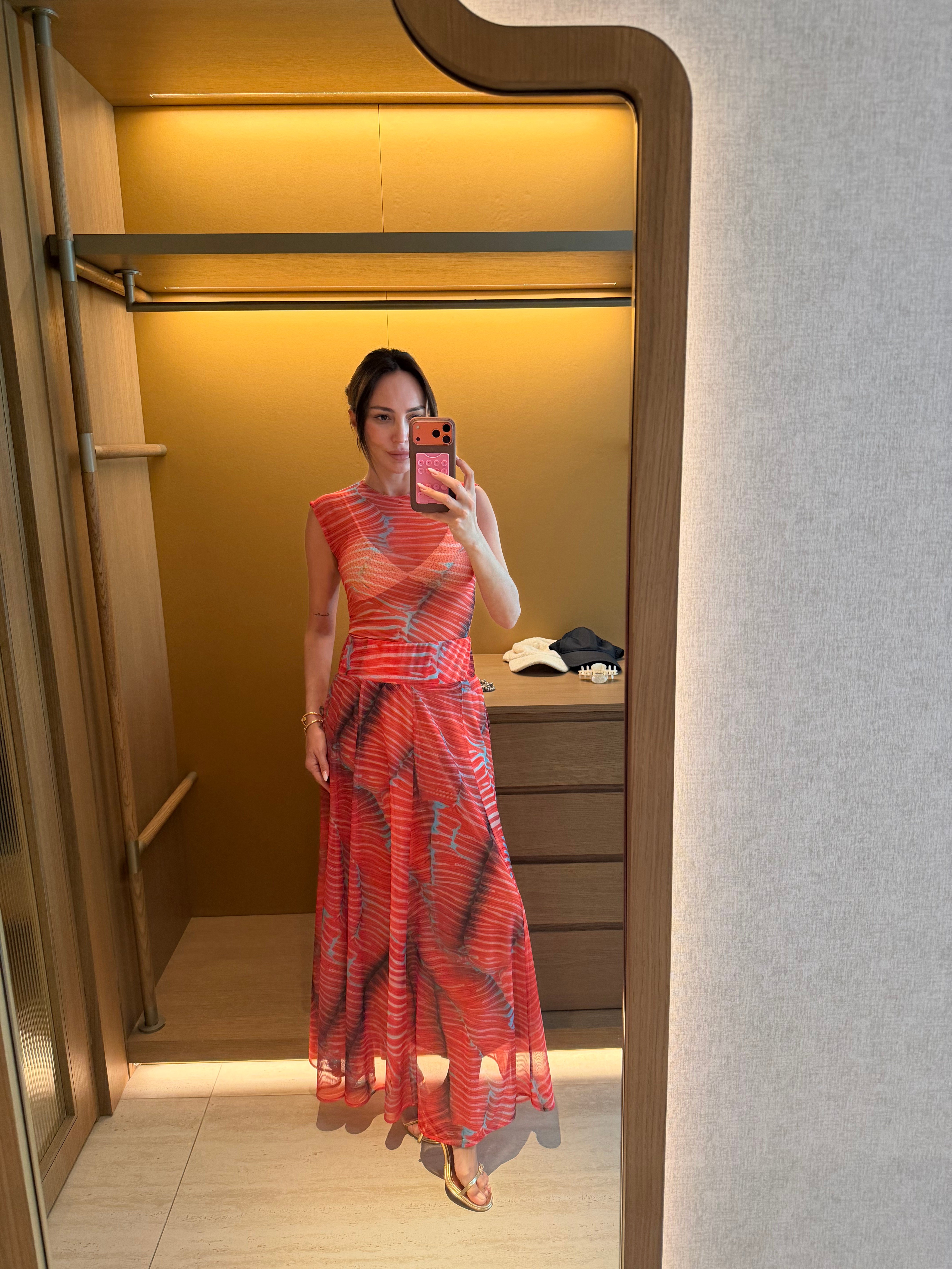 Kırmızı Transparan Bodysuit Uzun Etek Takım