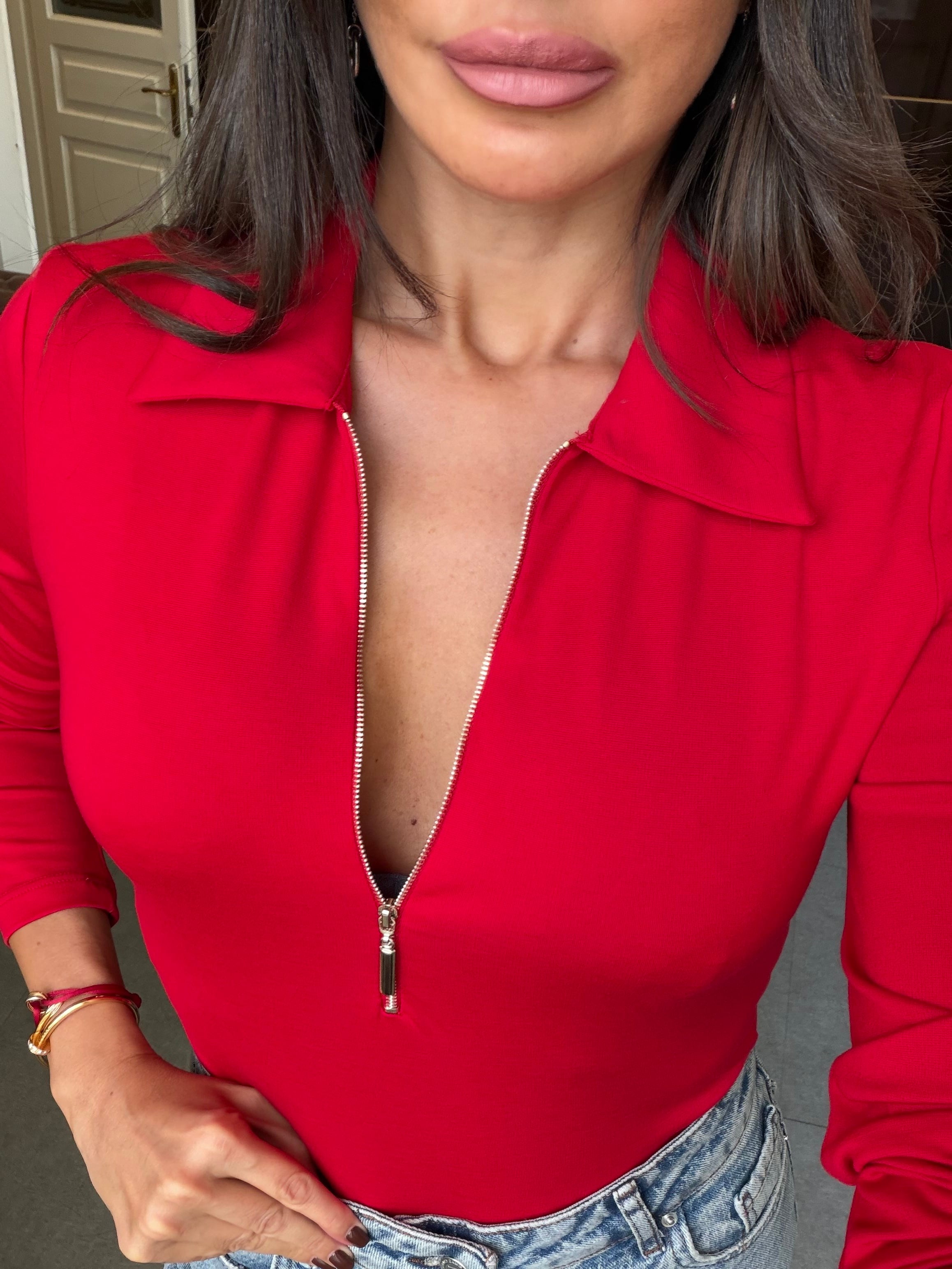 Kırmızı Yarım Fermuarlı Bodysuit