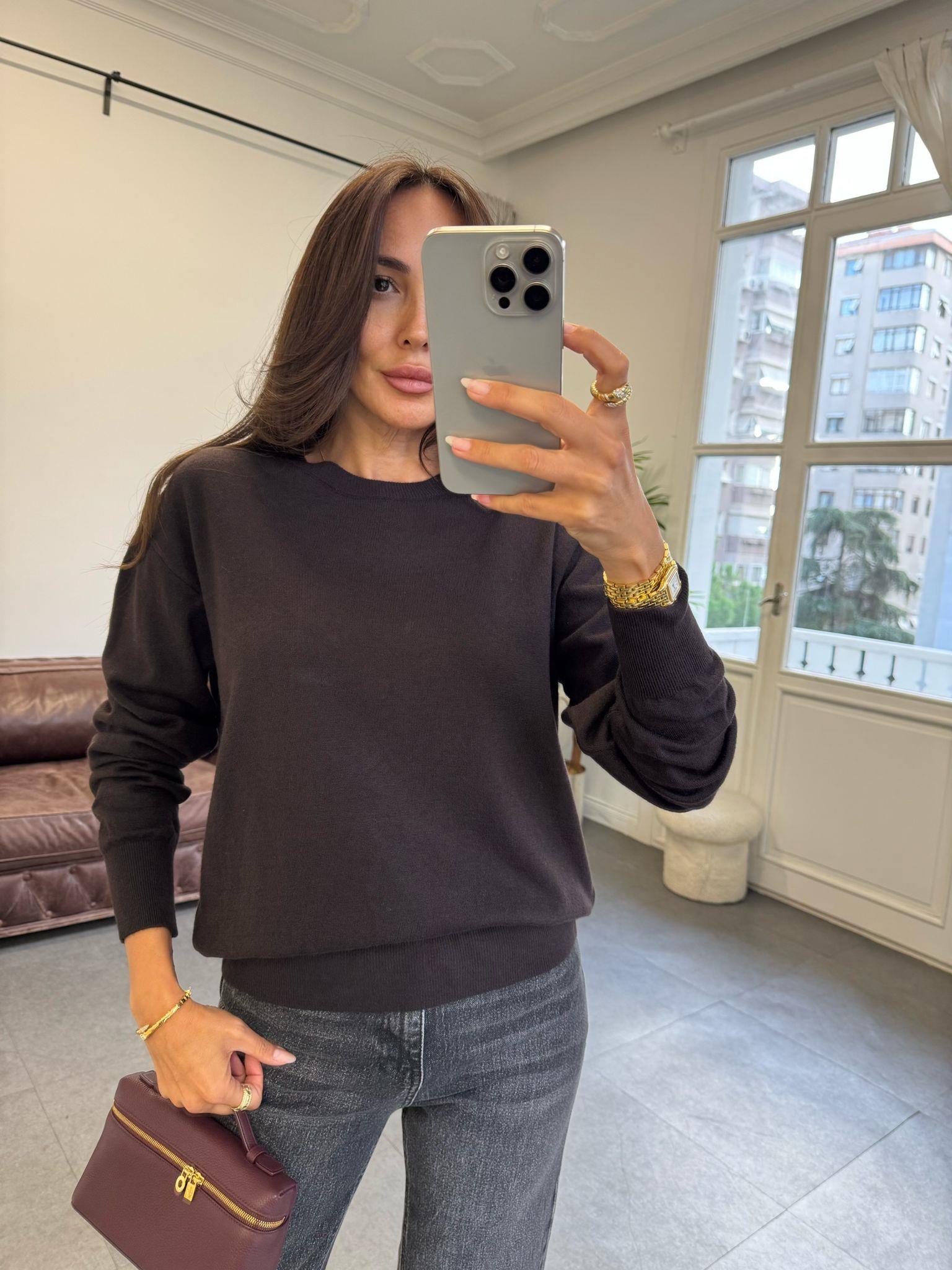 Koyu Kahve Bisiklet Yaka Yünlü Basic Triko Kazak