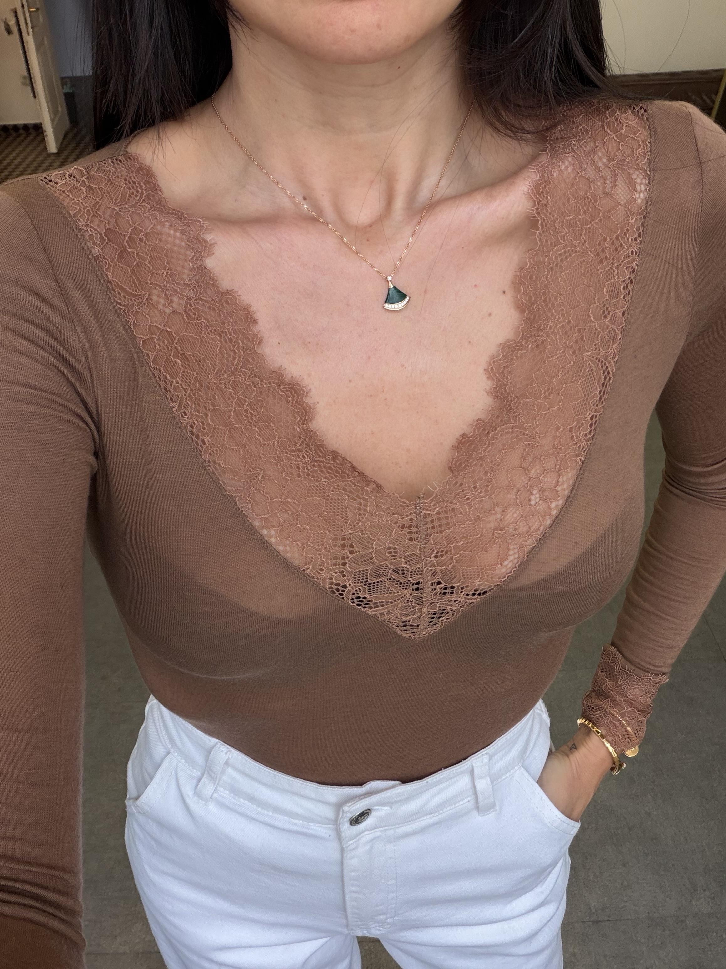 Koyu Vizon Dantelli Kaşmir Bluz