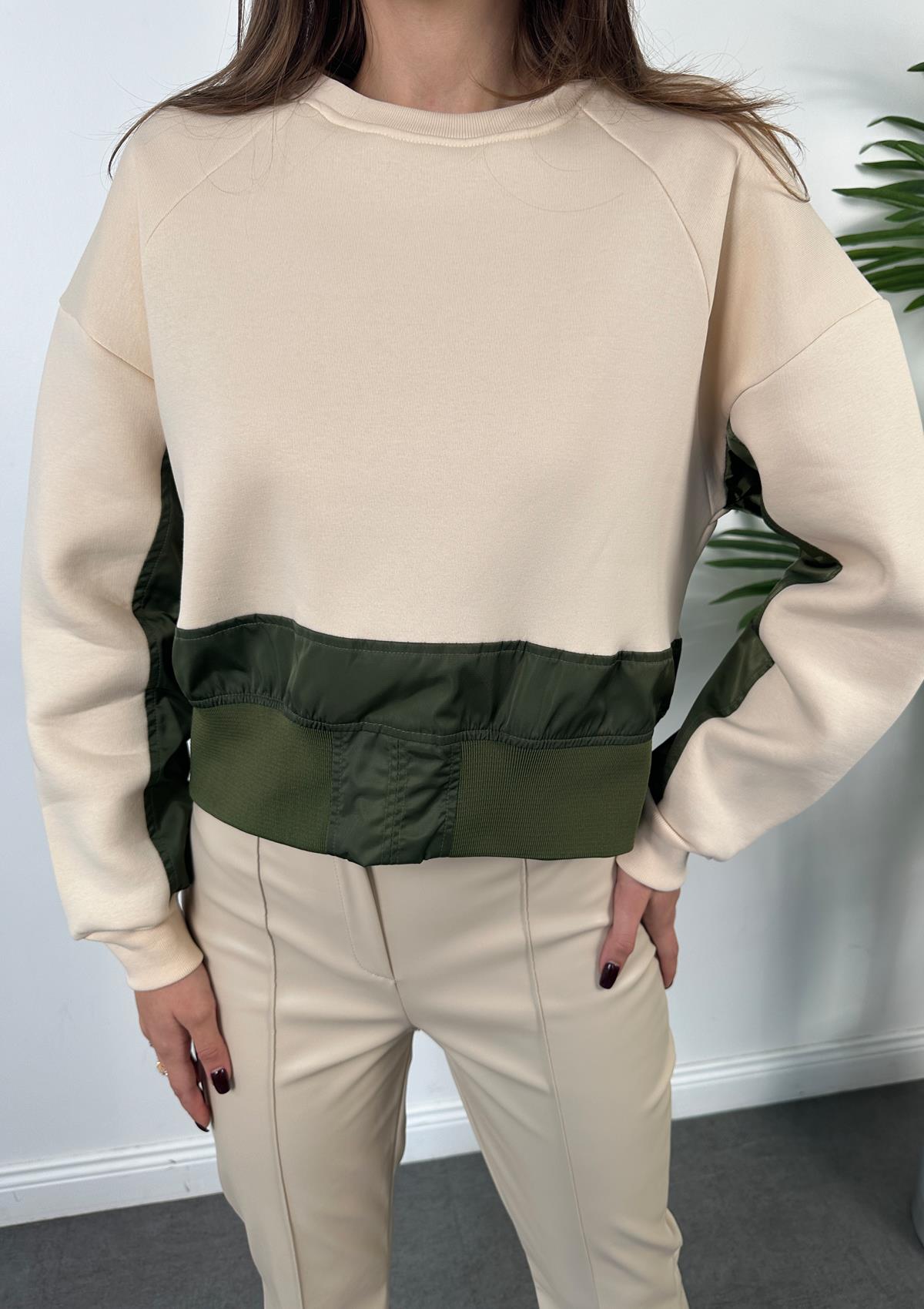 Krem Bisiklet Yaka İki Parçalı Oversize Sweatshirt
