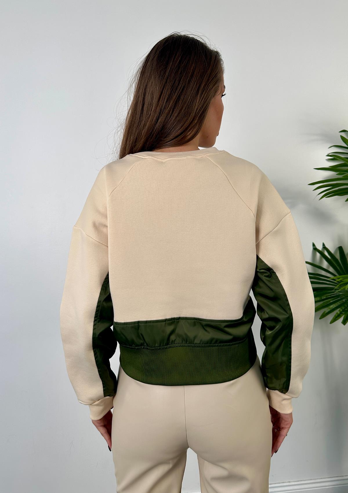 Krem Bisiklet Yaka İki Parçalı Oversize Sweatshirt