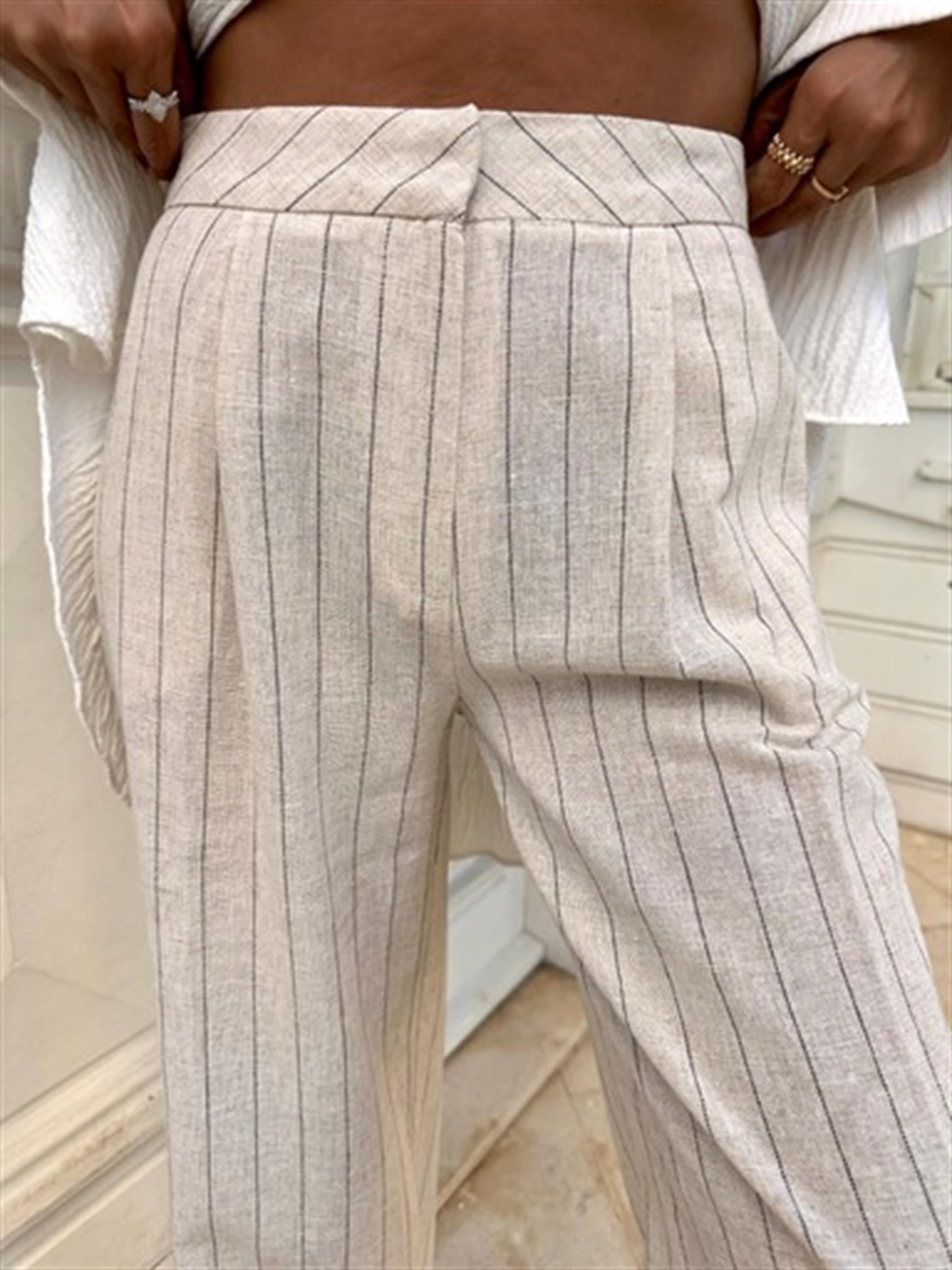 Krem Çizgili Keten Pantolon