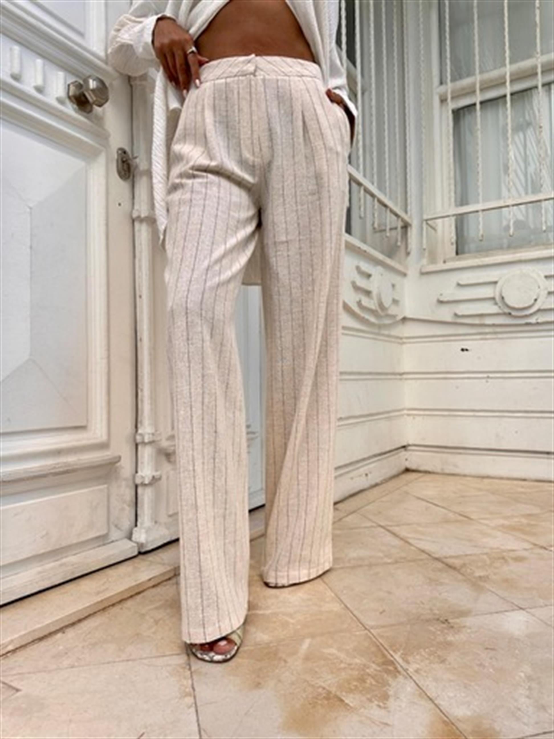 Krem Çizgili Keten Pantolon