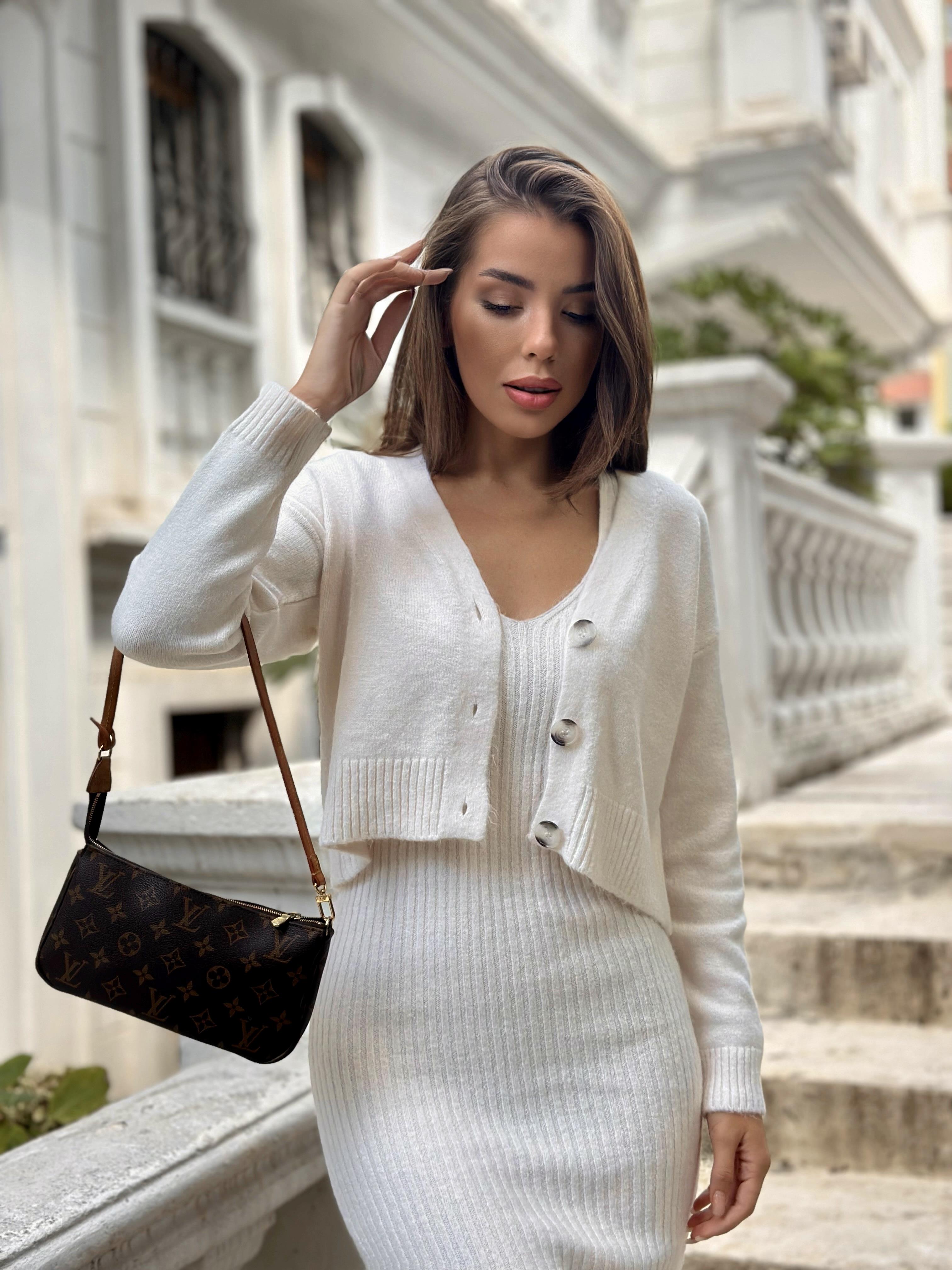 Krem Fitilli Elbise Hırkalı Takım