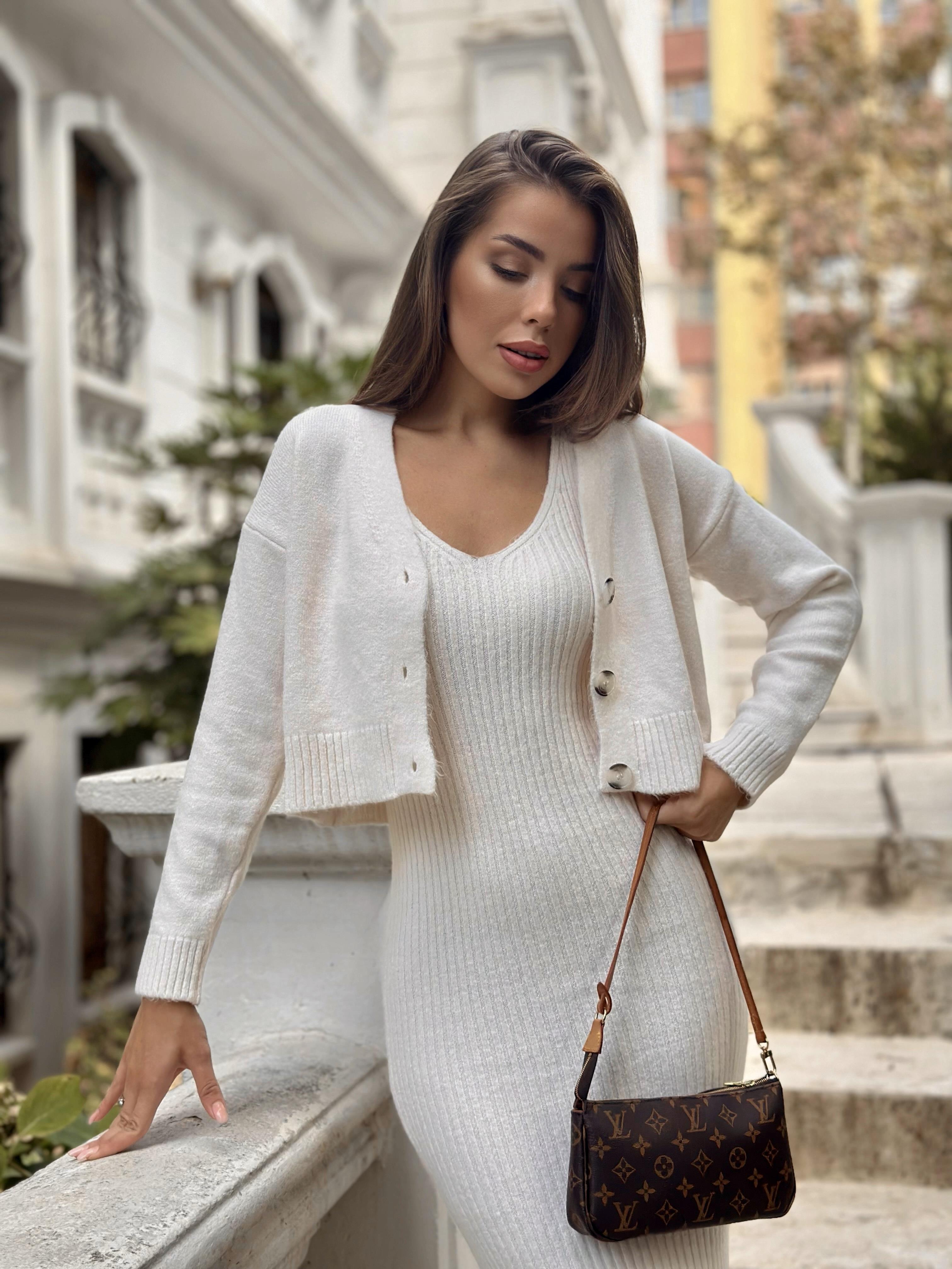 Krem Fitilli Elbise Hırkalı Takım